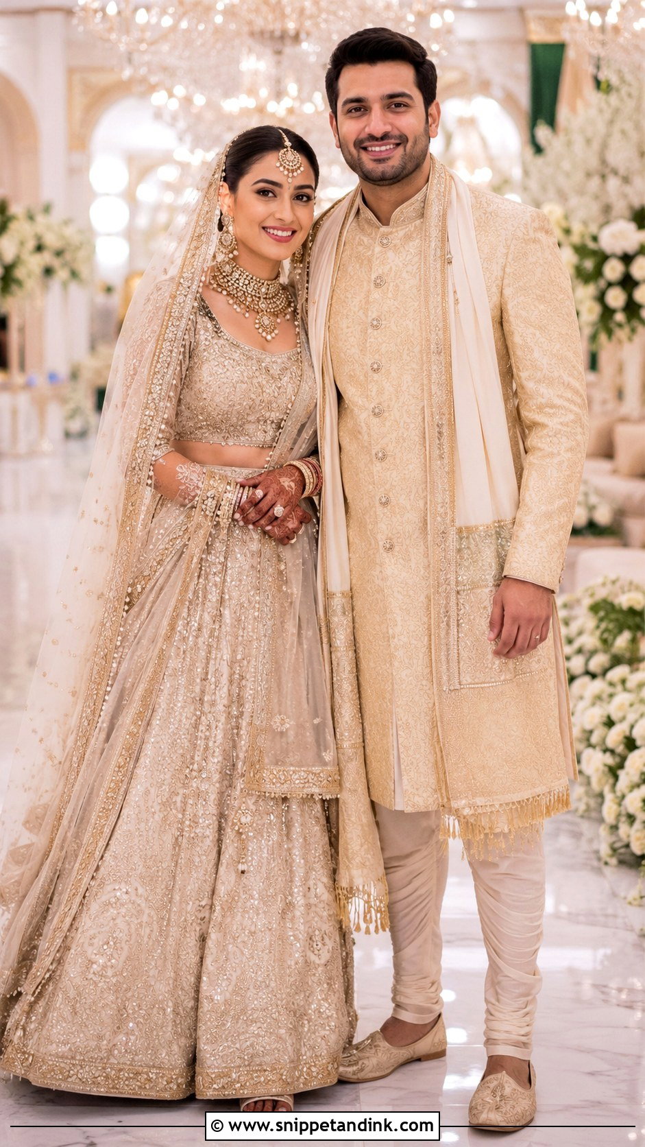 Ivory Lehenga And Gold Sherwani - Snippet and Ink - 20 Couple Matching Dress Indian Wedding Ideas