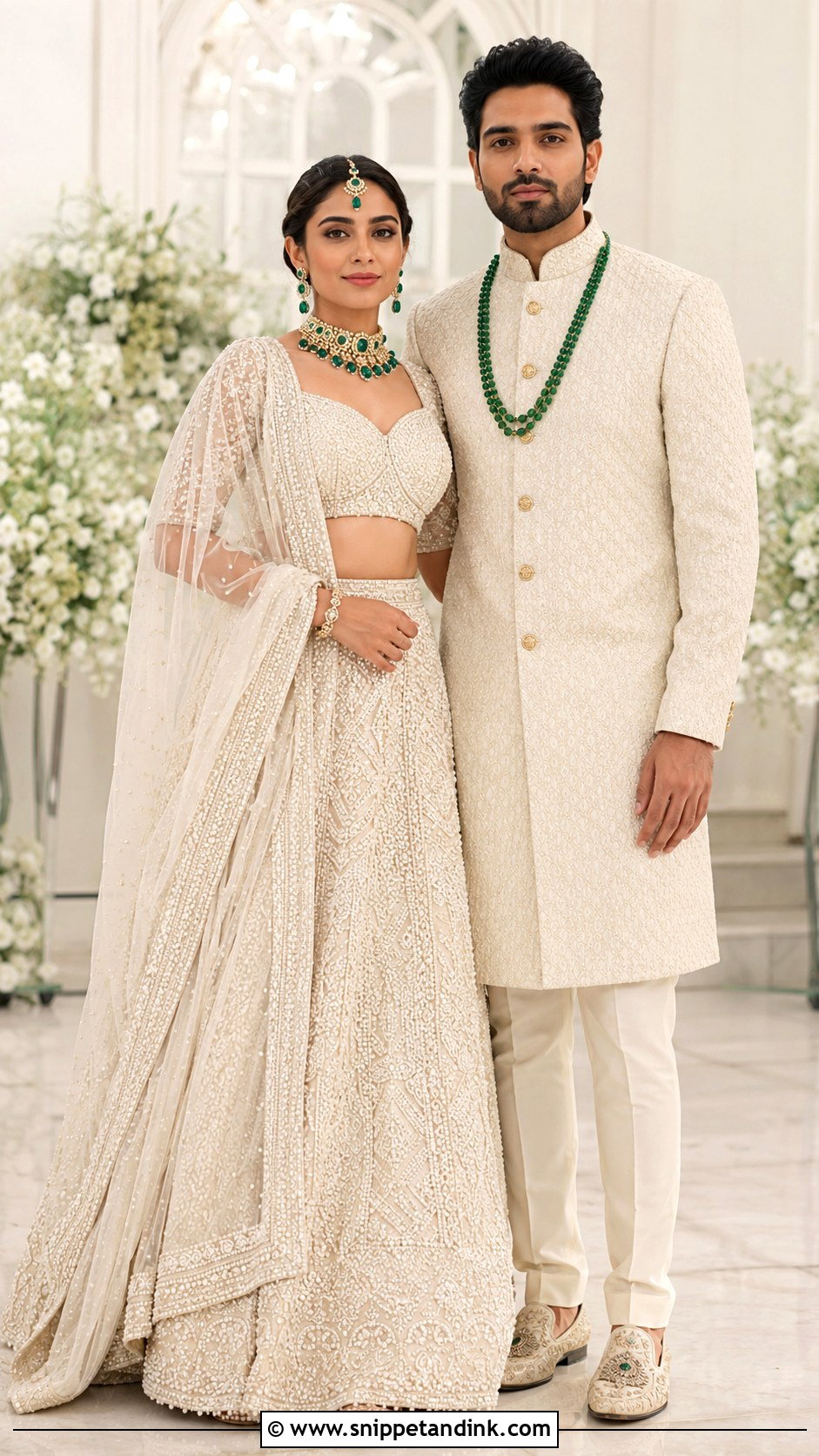 Ivory Lehenga And Ivory Sherwani Couple Outfit - Snippet and Ink - 20 Indian Wedding Couple Outfits