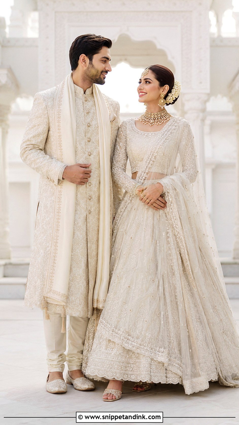Ivory Lehenga And Ivory Sherwani Wedding Couple Dress Combination - Snippet and Ink - 25 Wedding Couple Dress Combination Ideas
