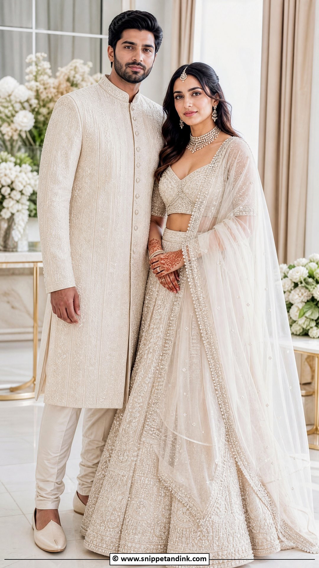 Ivory Lehenga And Ivory Sherwani - Snippet and Ink - 35 Indian Couple Matching Dress Ideas