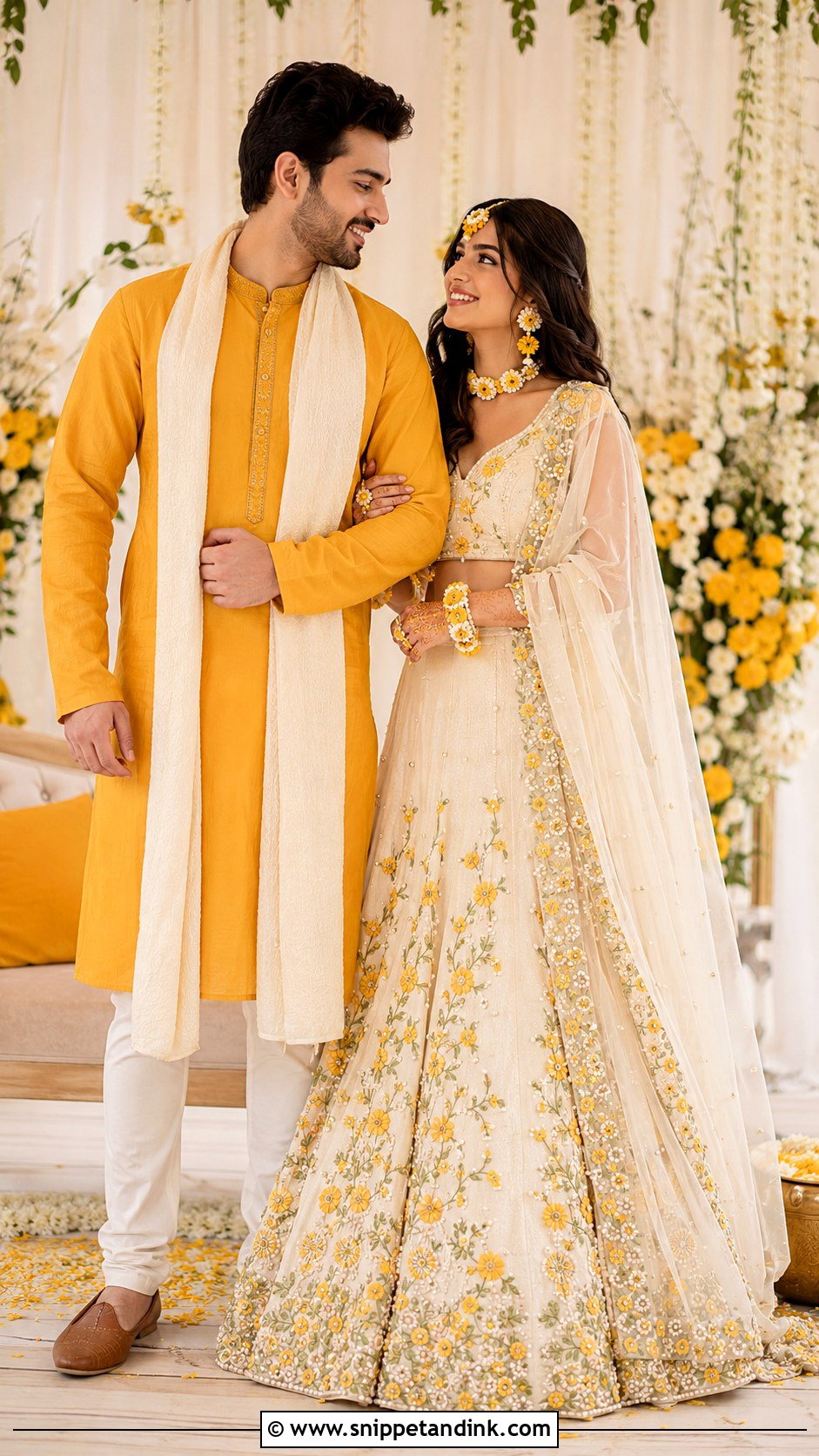 Ivory Lehenga And Mustard Kurta Haldi Couple Outfit - Snippet and Ink - 25 Haldi Couple Outfits
