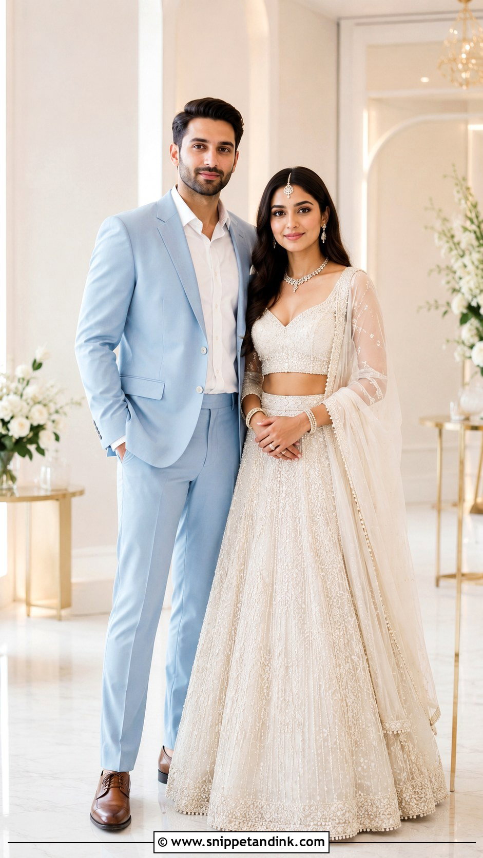 Ivory Lehenga And Pastel Suit - Snippet and Ink - 25 Indian Couple Ring Ceremony Dress Ideas
