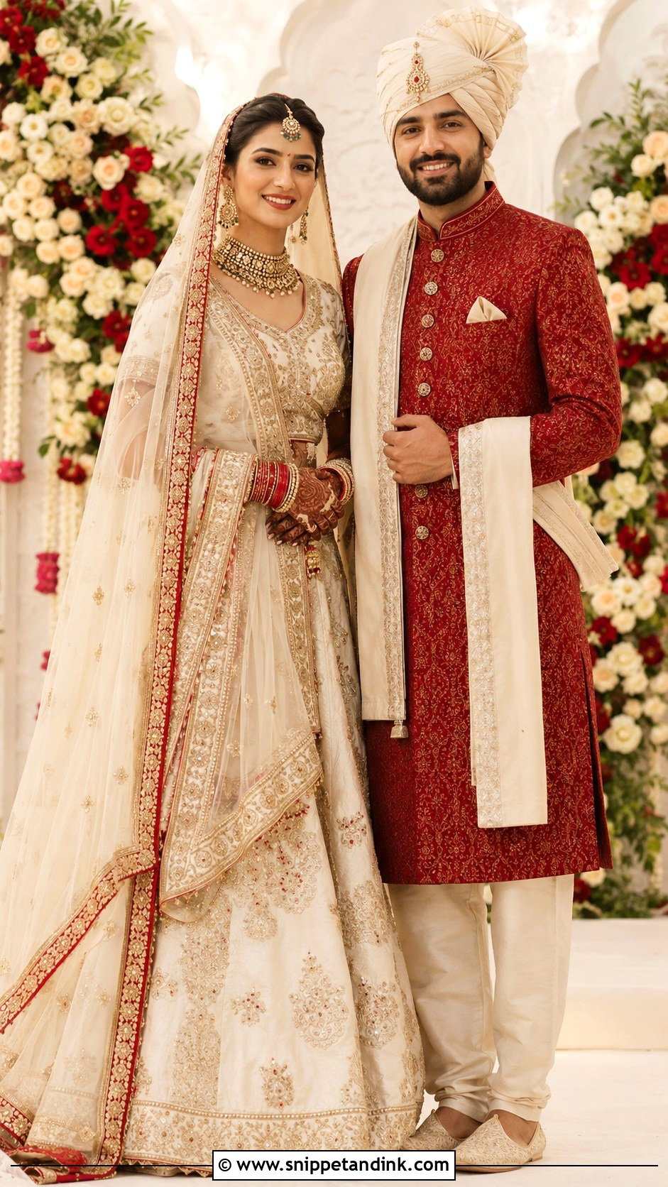 Ivory Lehenga And Red Sherwani - Snippet and Ink - 20 Couple Matching Outfits Indian Wedding