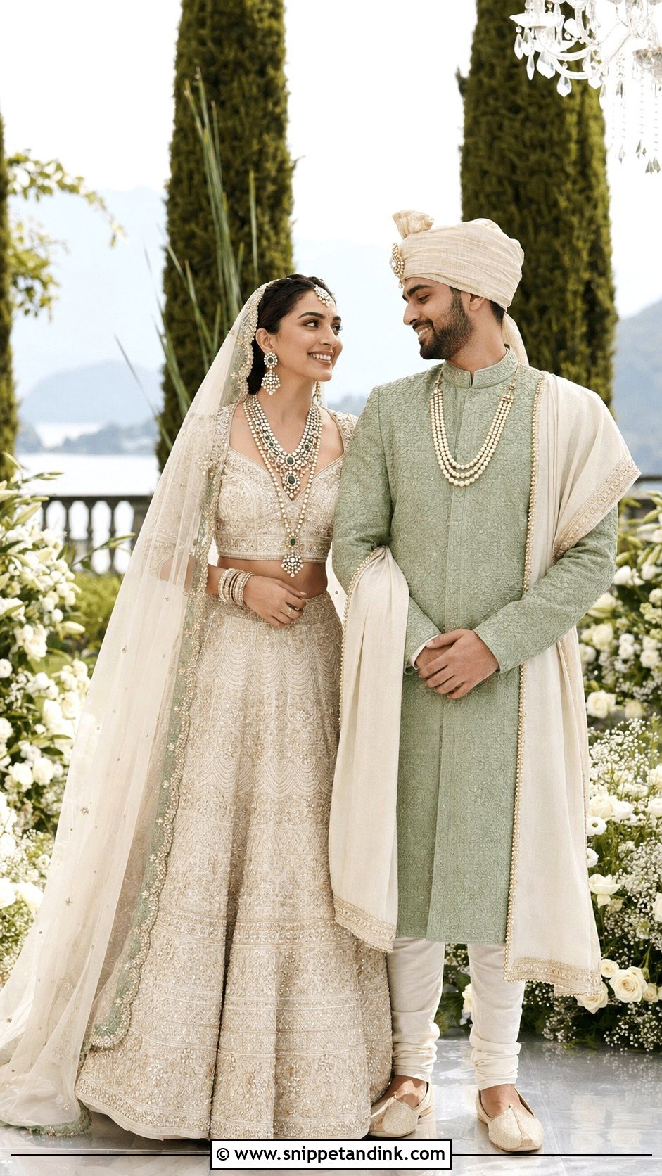 Ivory Lehenga And Sage Green Sherwani Outfit - Snippet and Ink - 20 Indian Couple Wedding Outfit Ideas