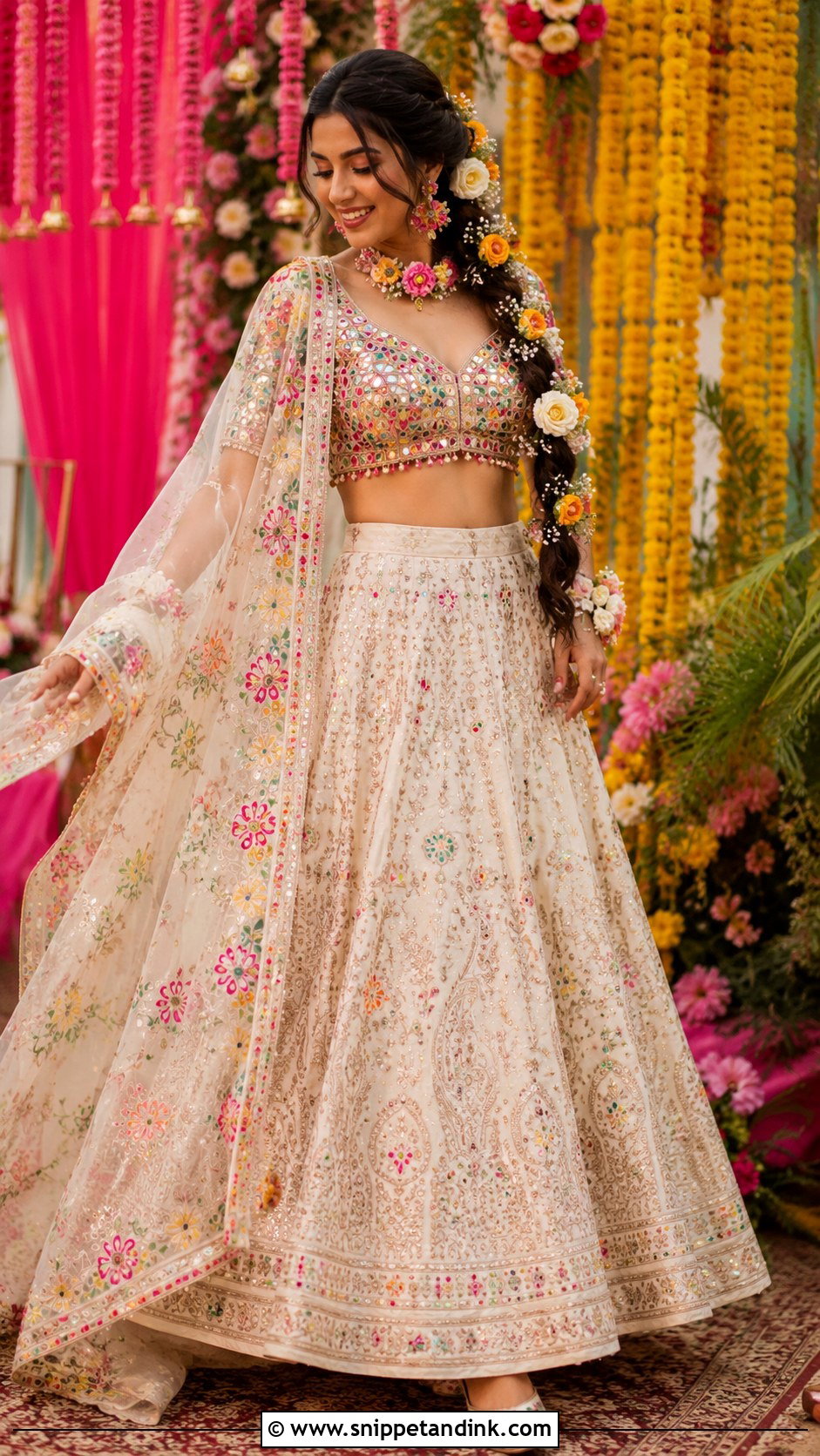 Ivory Lehenga With Colorful Blouse - Snippet and Ink - 20 Mehndi Ceremony Outfit for Bride Ideas