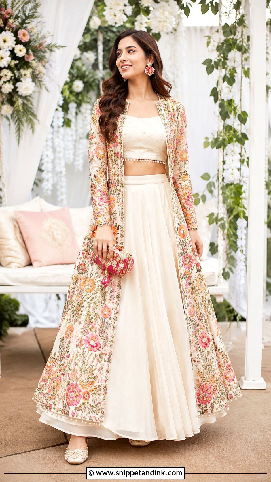 Ivory Lehenga With Floral Jacket For Mehndi Night - Snippet and Ink - 20 Mehndi Night Outfit Ideas