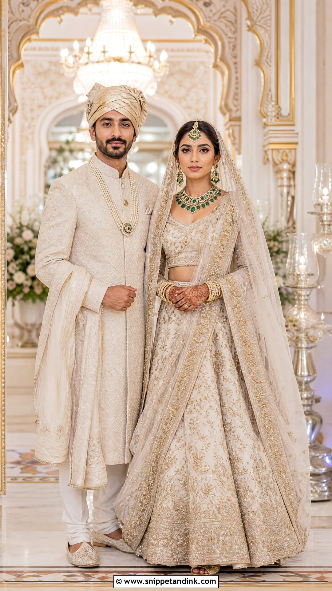 Ivory Lehenga With Ivory Sherwani - Snippet and Ink - 25 Indian Hindu Couple Wedding Dress Ideas