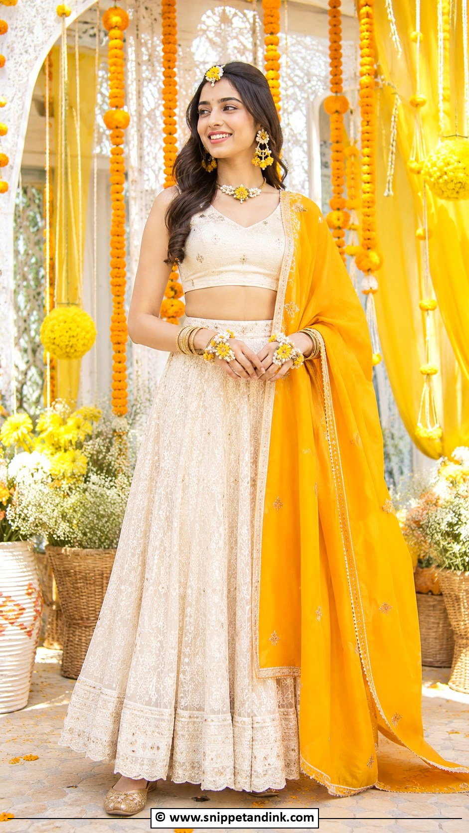 Ivory Lehenga With Marigold Dupatta For Haldi - Snippet and Ink - 30 Indian Haldi Ceremony Outfit for Sister Ideas