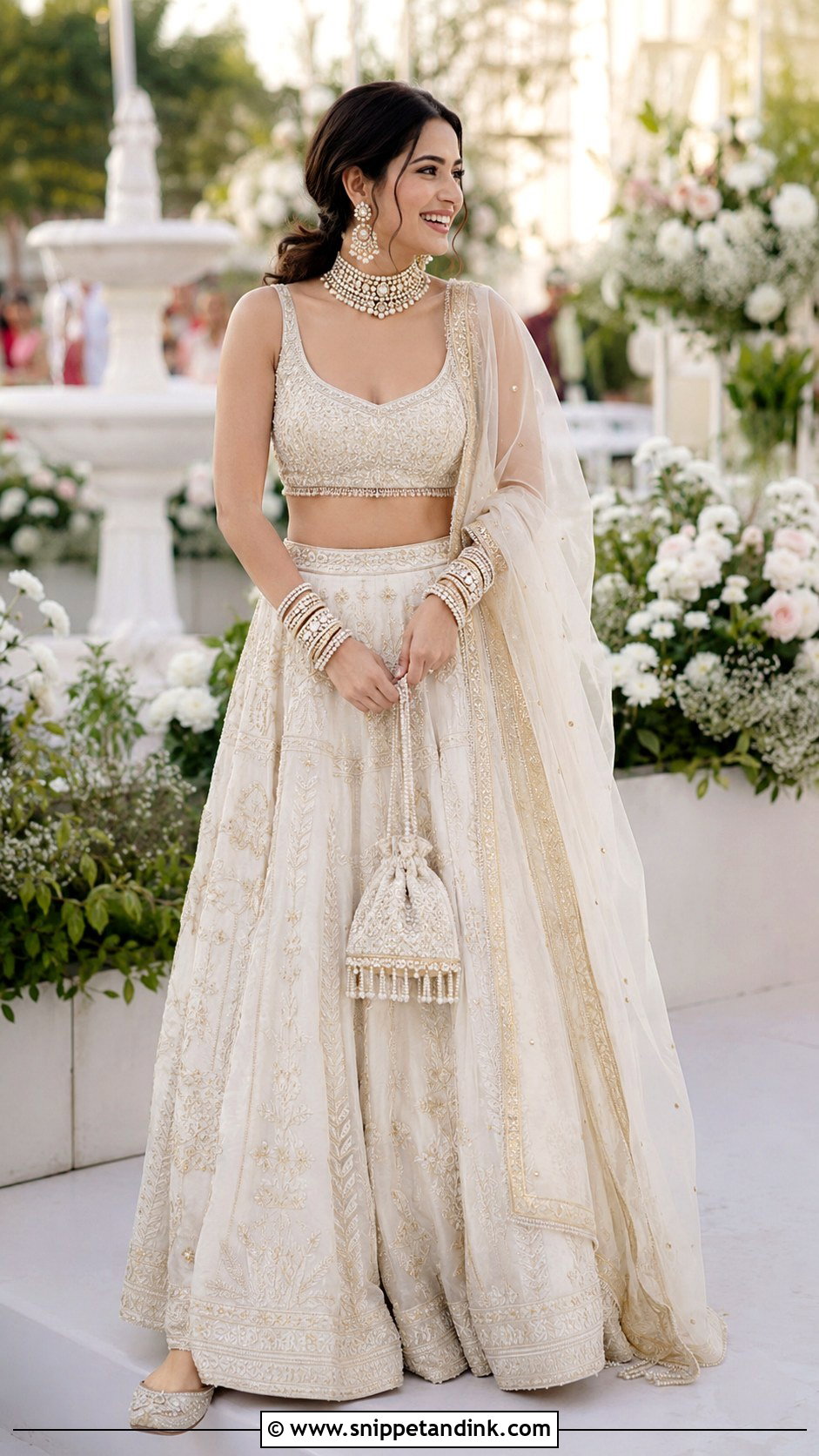 Ivory Lehenga With Pearl Bridal Bangle Set - Snippet and Ink - 20 Bridal Bengal Set Ideas
