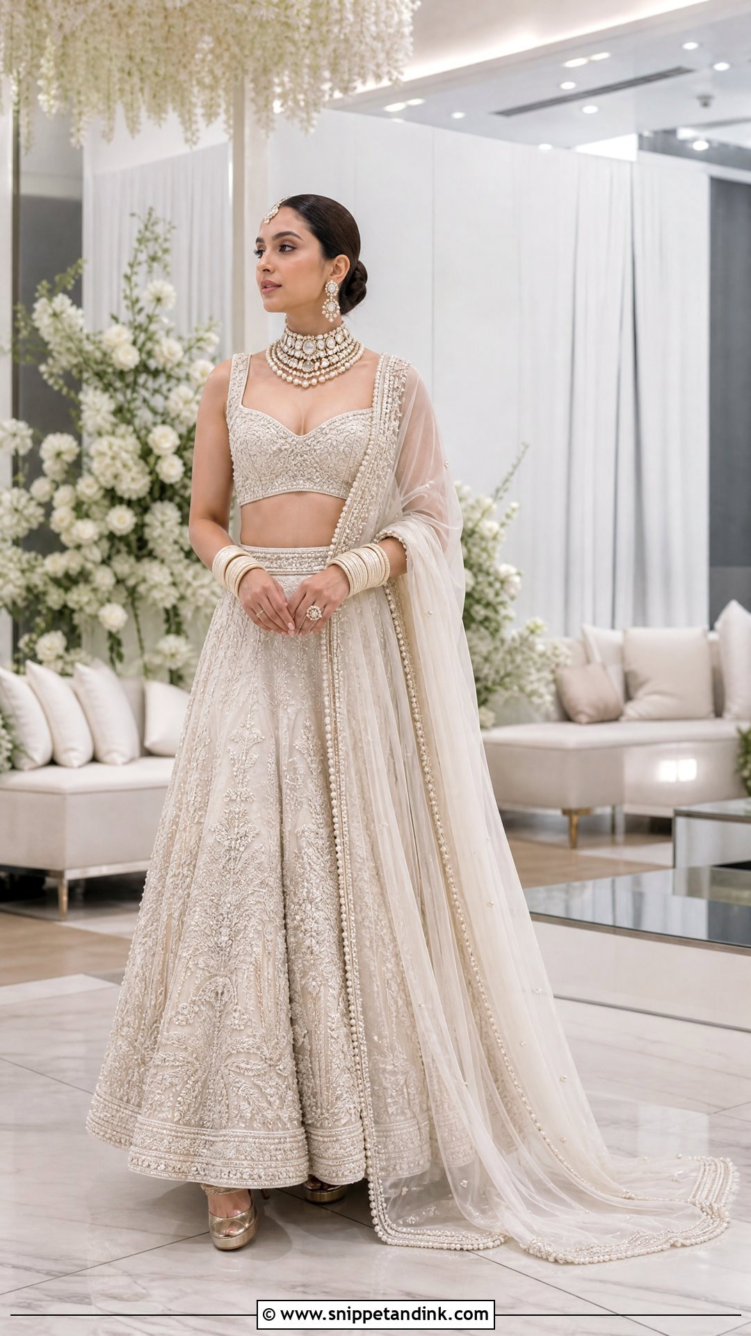 Ivory Lehenga With Pearl Trail Dupatta - Snippet and Ink - 20 Trail Dupatta Bridal Ideas