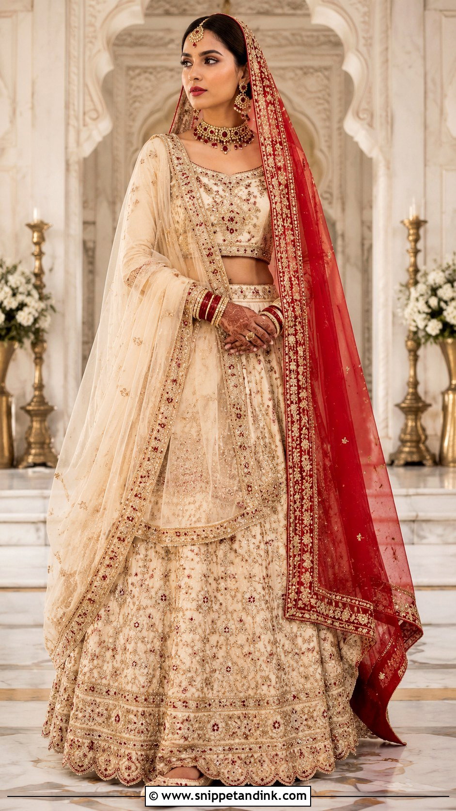 Ivory Lehenga With Red Dupatta Barat Dress - Snippet and Ink - 20 Barat Dress for Bride Ideas