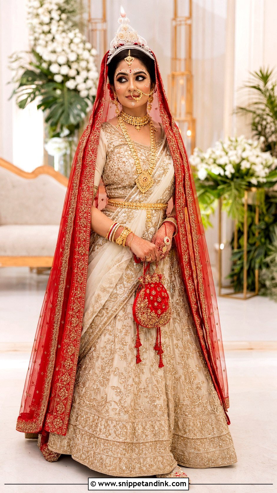Ivory Lehenga With Red Dupatta Bengali Bridal Look - Snippet and Ink - 20 Bengali Bride Wedding Look Ideas