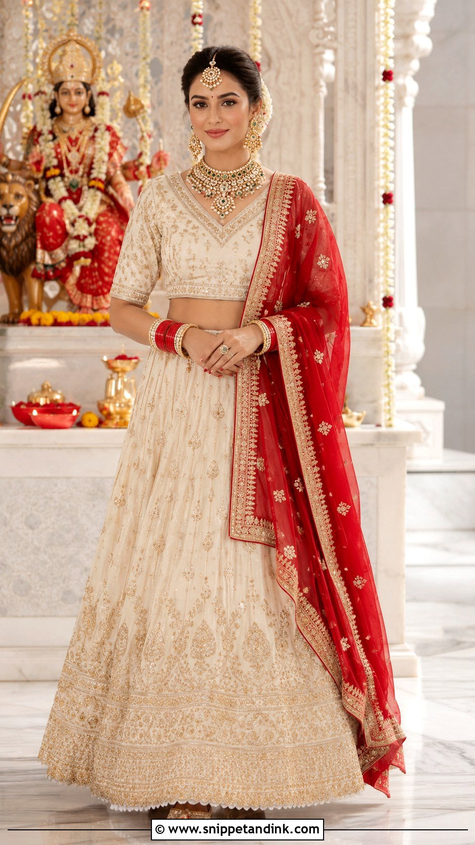 Ivory Lehenga With Red Dupatta For Mata Pujan Bride - Snippet and Ink - 25 Mata Pujan Dress for Bride Ideas