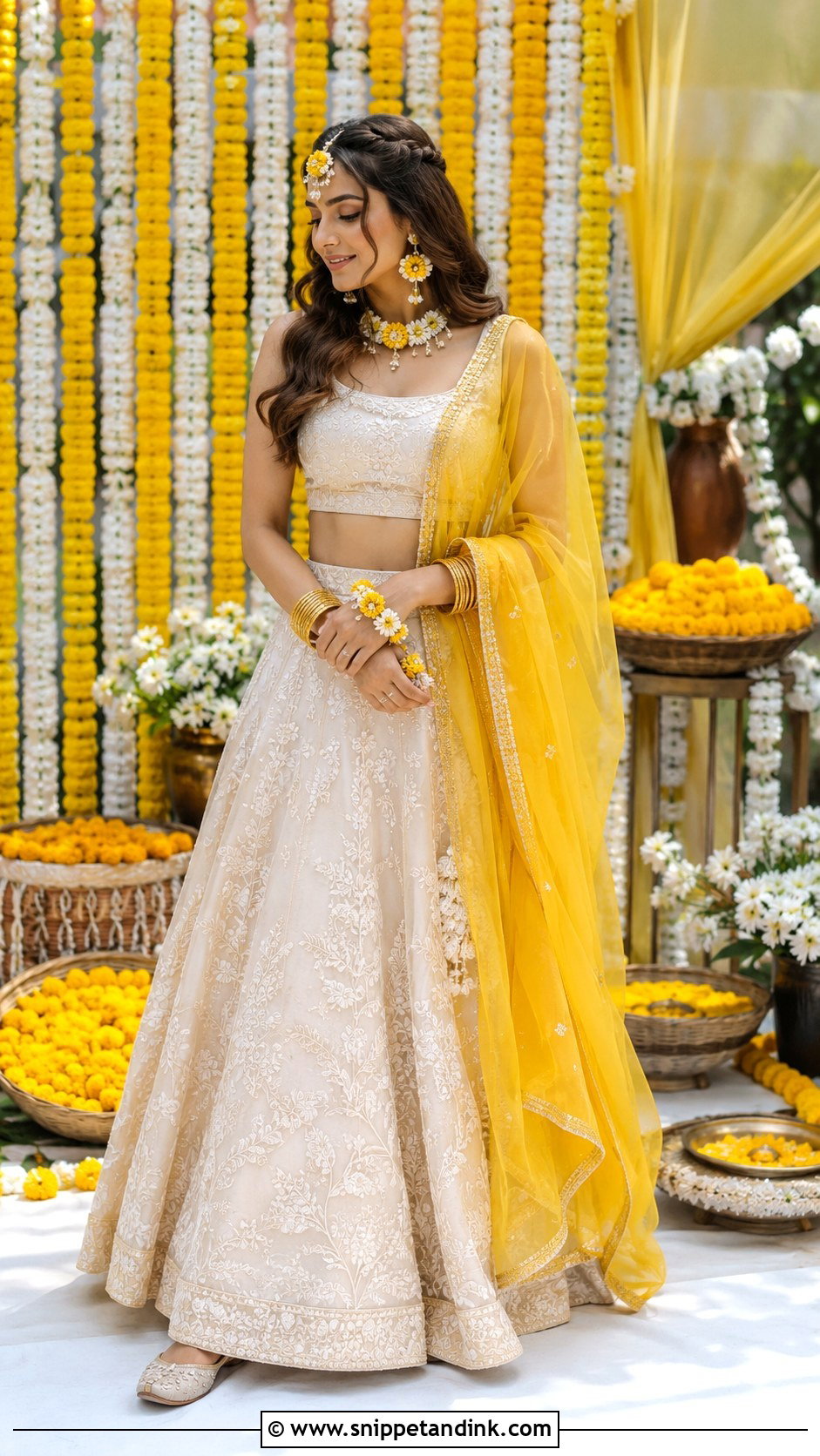 Ivory Lehenga With Yellow Dupatta For Haldi - Snippet and Ink - 25 Haldi Ceremony Dress Ideas