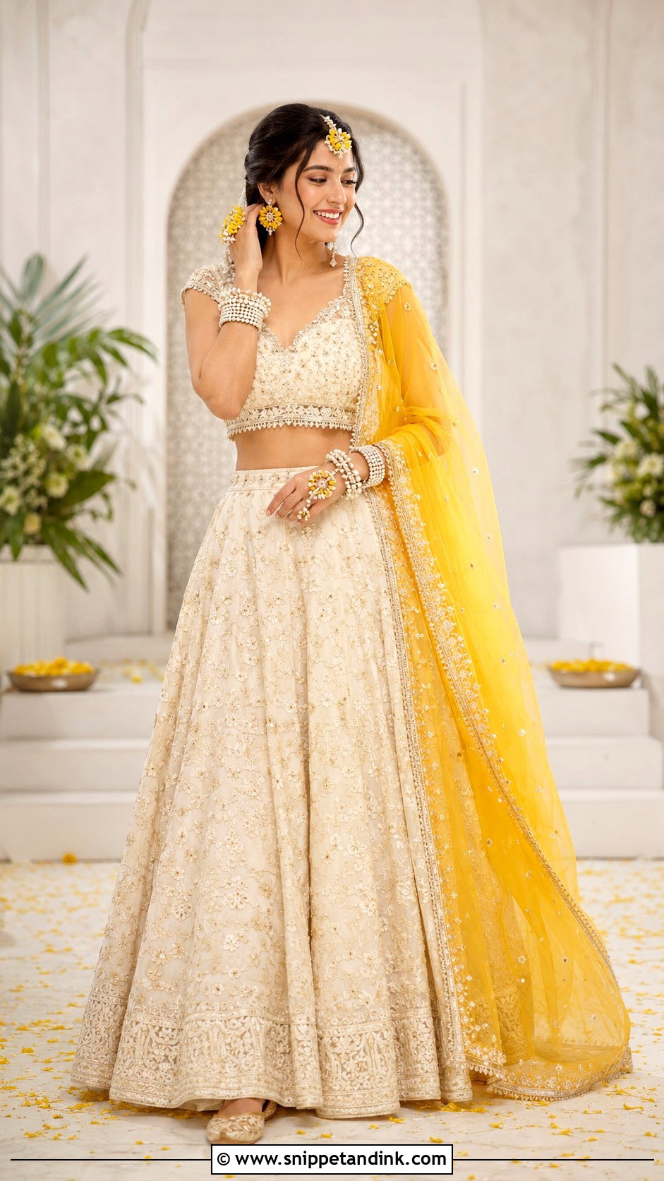 Ivory Lehenga With Yellow Dupatta For Haldi Bride - Snippet and Ink - 25 Outfit for Haldi Function for Bride Ideas