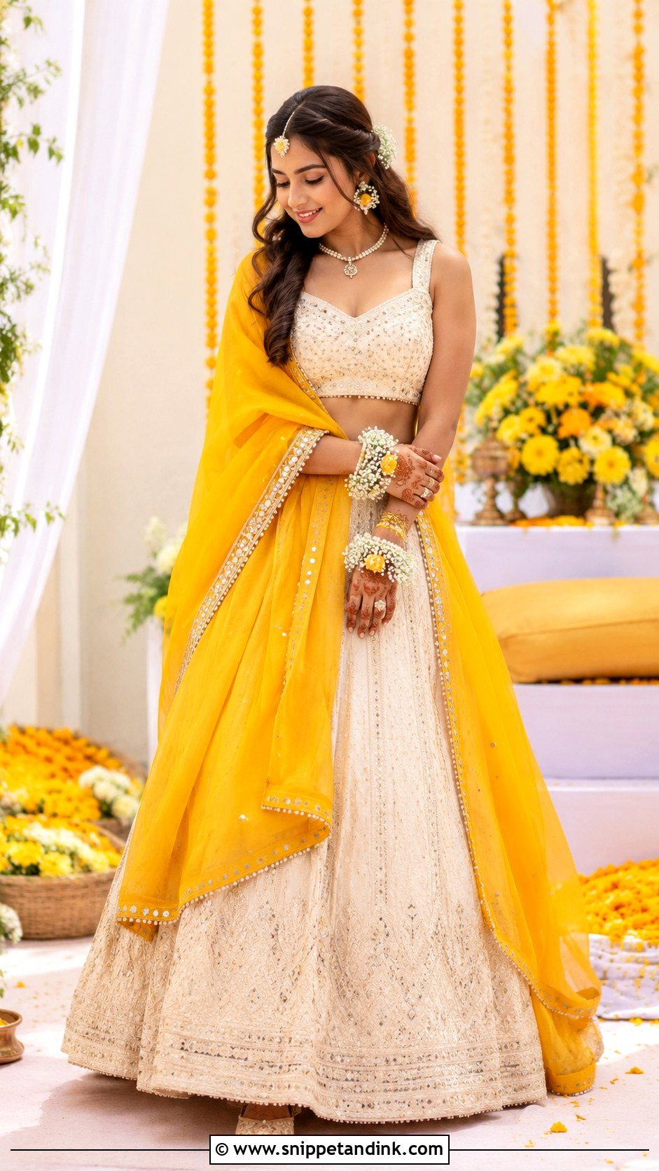 Ivory Lehenga With Yellow Dupatta Haldi Outfit - Snippet and Ink - 25 Outfit for Haldi Function Ideas