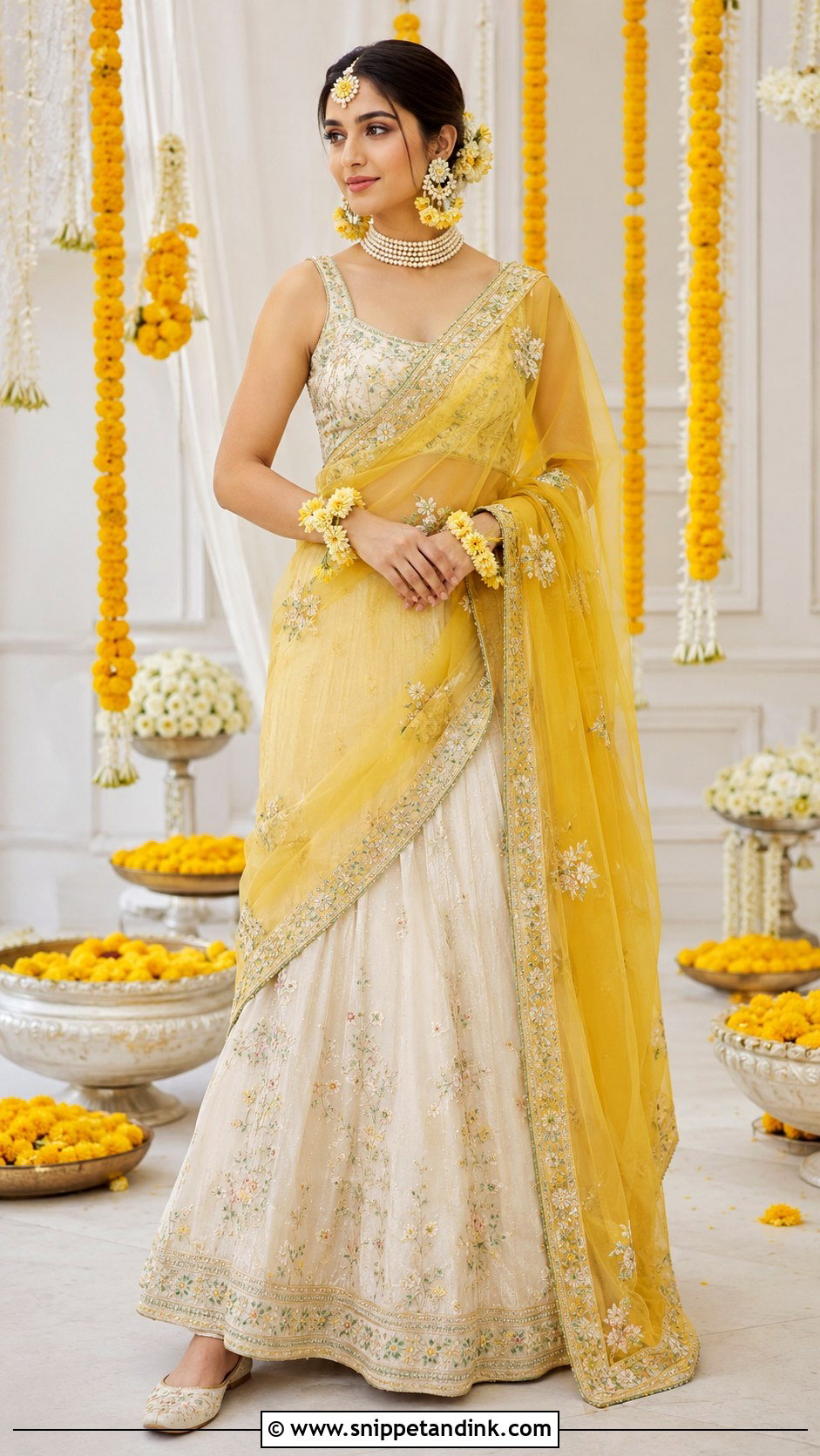 Ivory Lehenga With Yellow Dupatta Haldi Outfit - Snippet and Ink - 20 Haldi Inspo Outfit Ideas