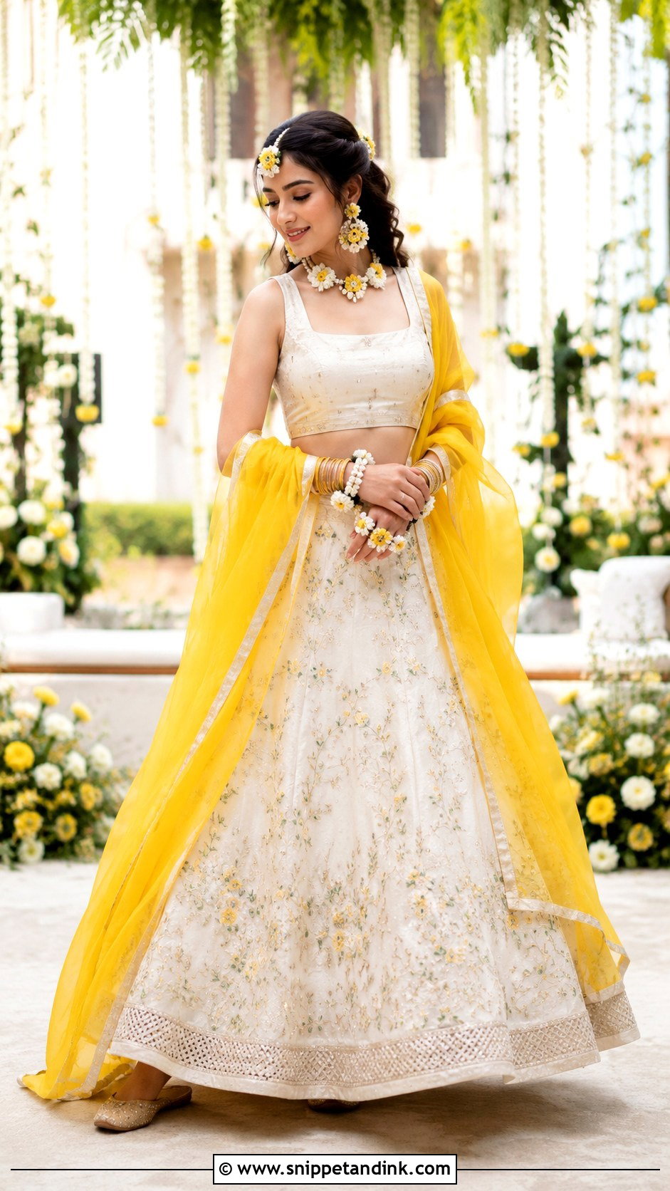 Ivory Lehenga With Yellow Dupatta Haldi Outfit - Snippet and Ink - 20 Haldi Traditional Outfit Ideas