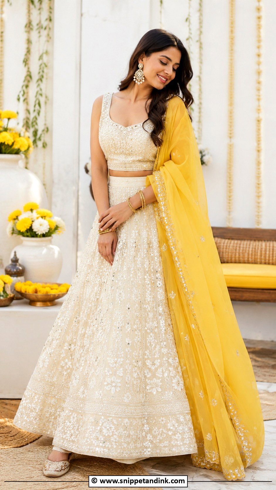 Ivory Lehenga With Yellow Dupatta Haldi Outfit - Snippet and Ink - 30 Haldi Theme Ideas Outfit