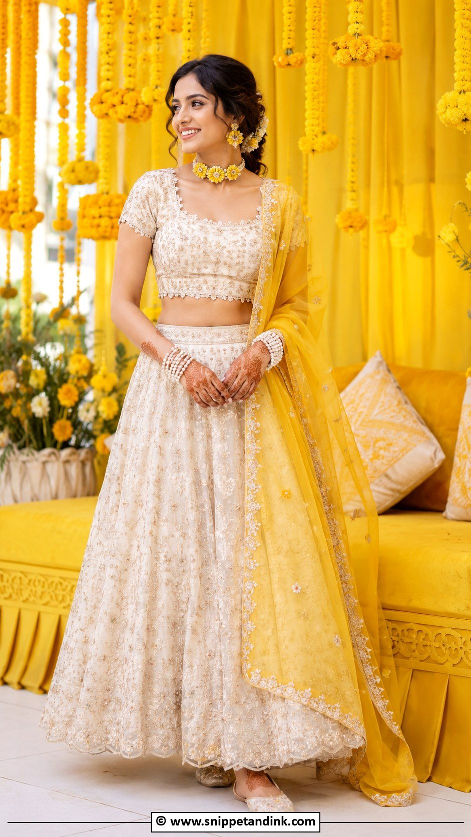 Ivory Lehenga With Yellow Dupatta for Haldi Bride - Snippet and Ink - 30 Unique Haldi Outfits for Bride