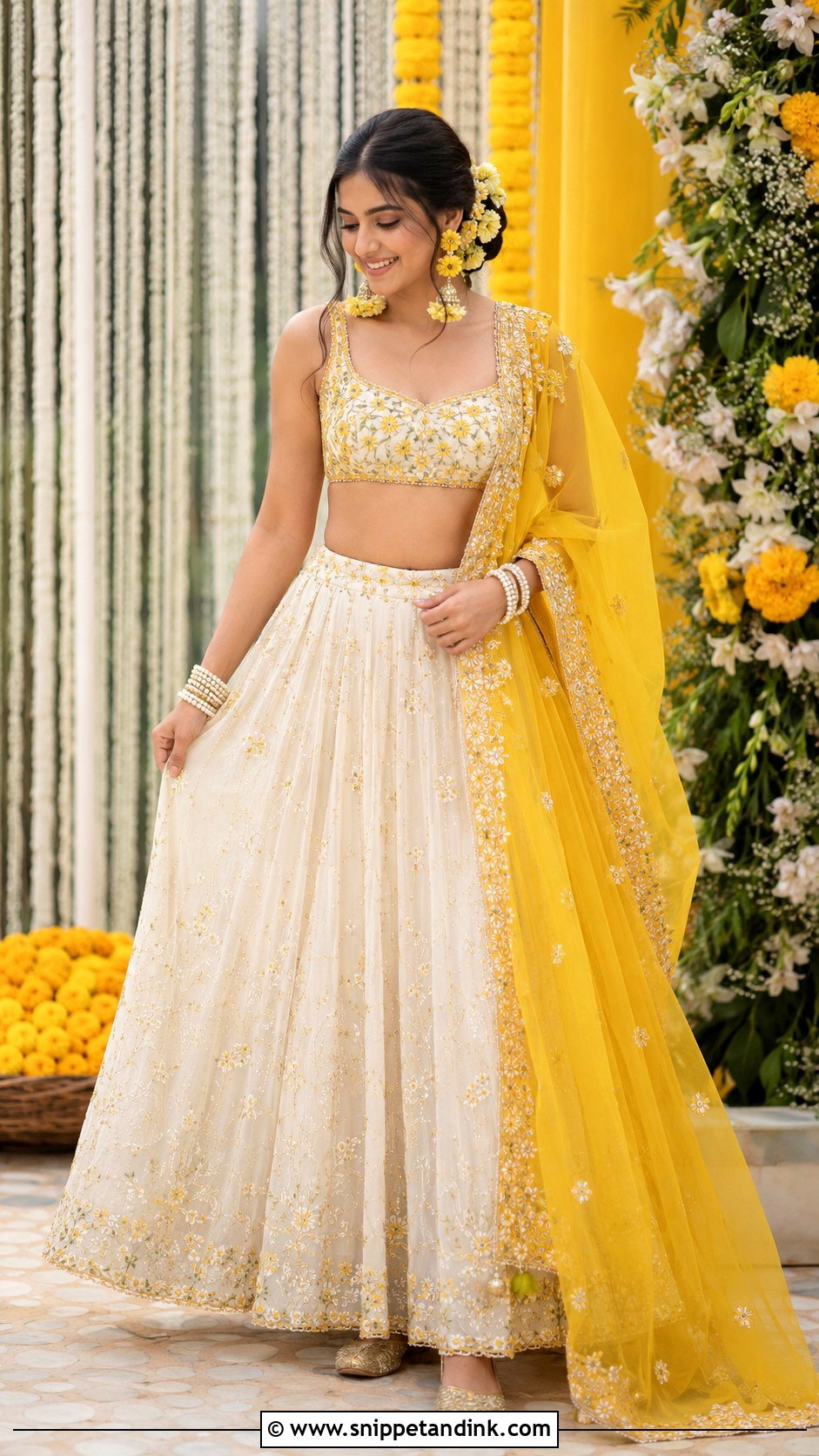 Ivory Lehenga With Yellow Embroidery for Haldi - Snippet and Ink - 20 Haldi Mehendi Outfit for Bride Ideas