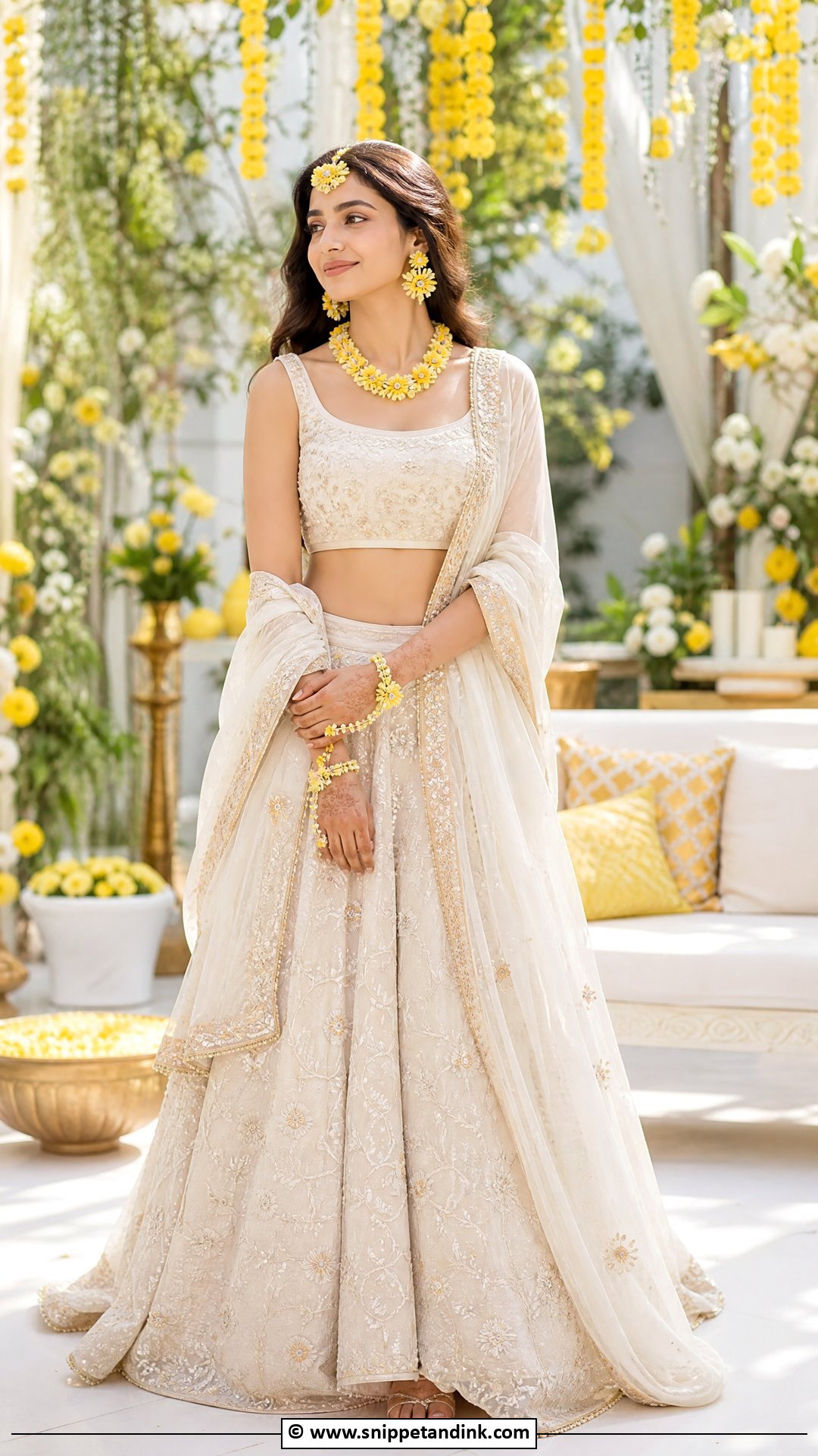 Ivory Lehenga With Yellow Floral Jewelry For Haldi Bride - Snippet and Ink - 35 Haldi Outfit for Bride Ideas