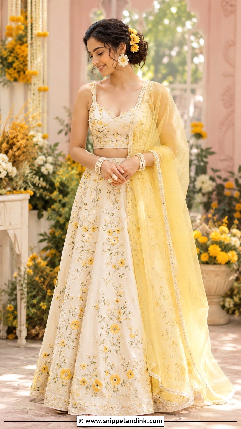 Ivory Lehenga With Yellow Flowers for Haldi - Snippet and Ink - 20 Haldi Function Dress for Sister Ideas