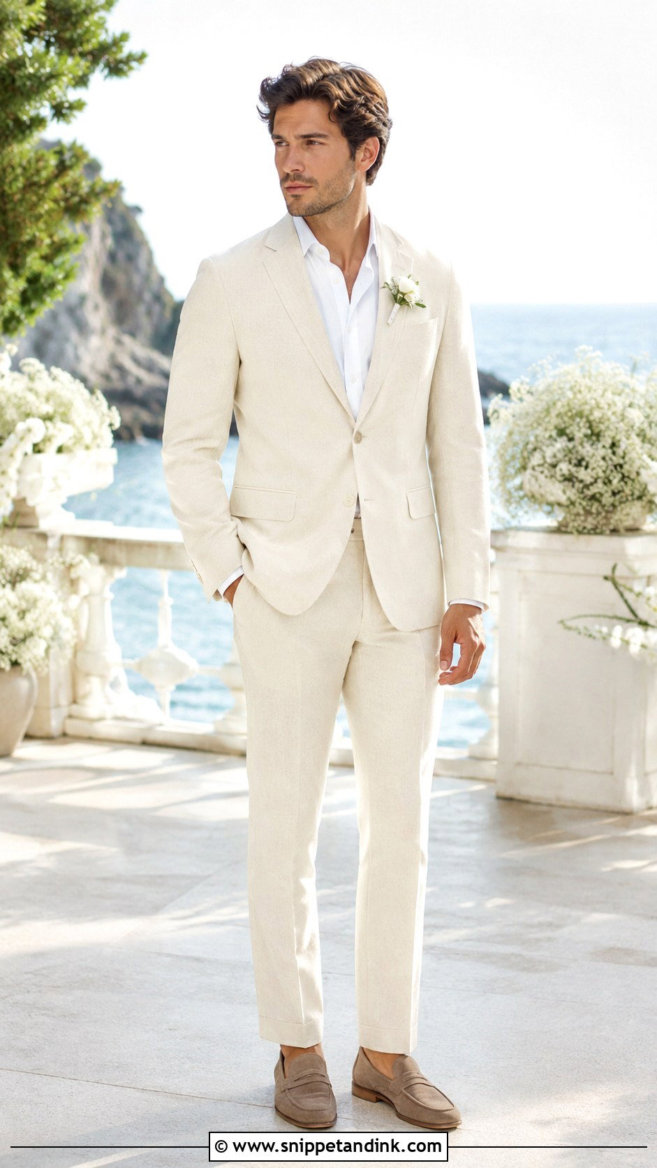 Ivory Linen Wedding Suit With Neutral Shoes - Snippet and Ink - 25 Linen Wedding Suit Ideas