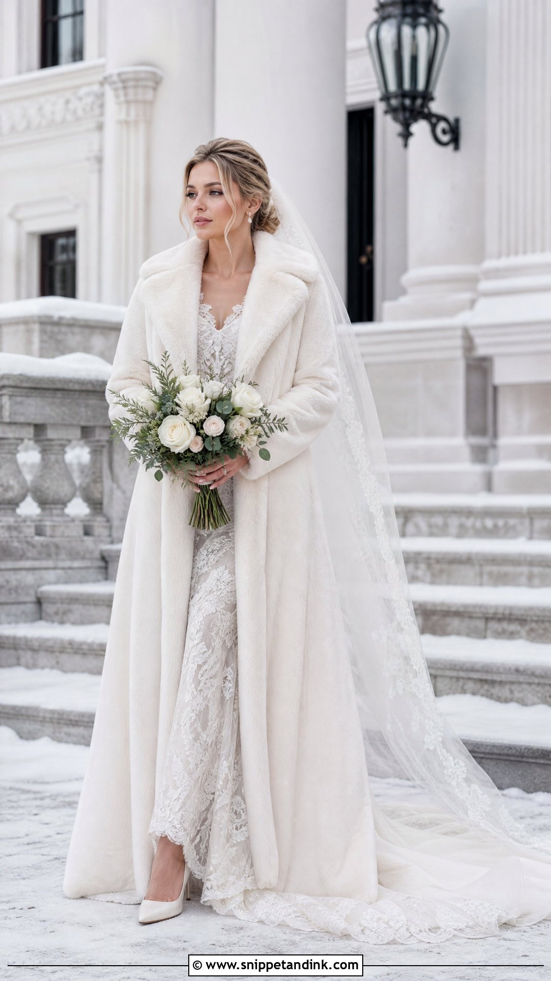 Ivory Long Fur Coat With Lace Wedding Dress - Snippet and Ink - 20 Wedding Fur Coat Ideas