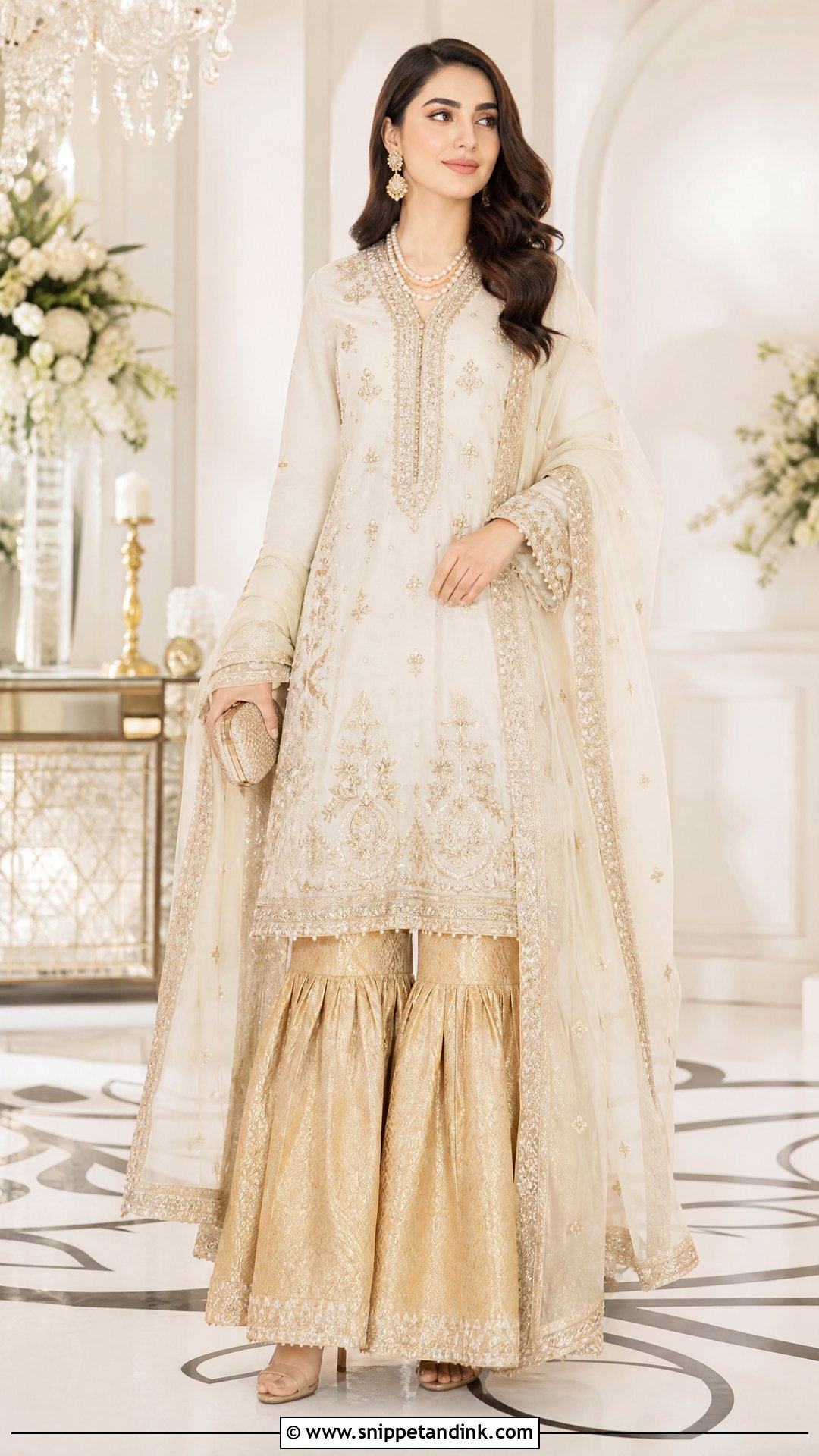 Ivory Long Shirt With Gold Sharara - Snippet and Ink - 25 Pakistani Long Shirt Wedding Dress Ideas