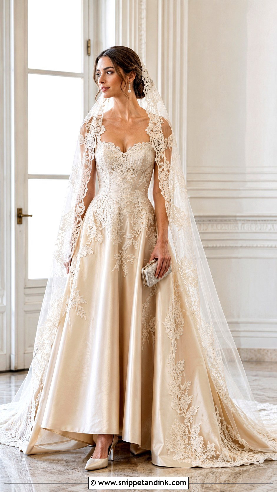 Ivory Mantilla Cathedral Veil With Champagne Dress - Snippet and Ink - 20 Mantilla Cathedral Veil Ideas