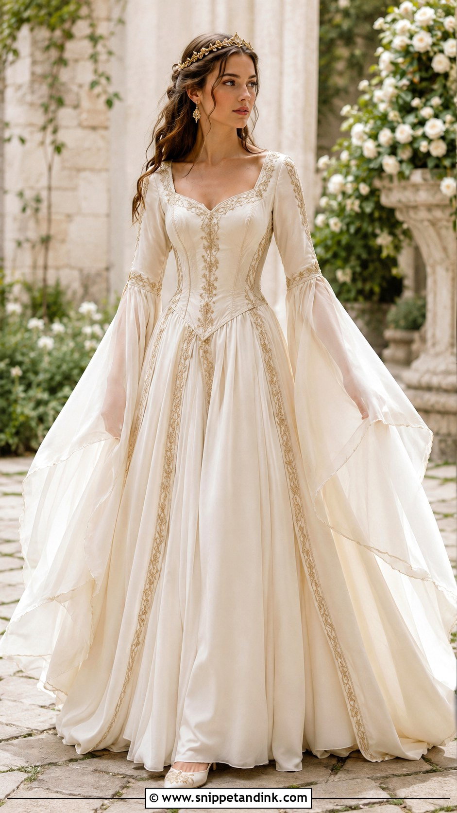 Ivory Medieval Wedding Dress With Bell Sleeves - Snippet and Ink - 20 Medieval Style Wedding Dress Ideas