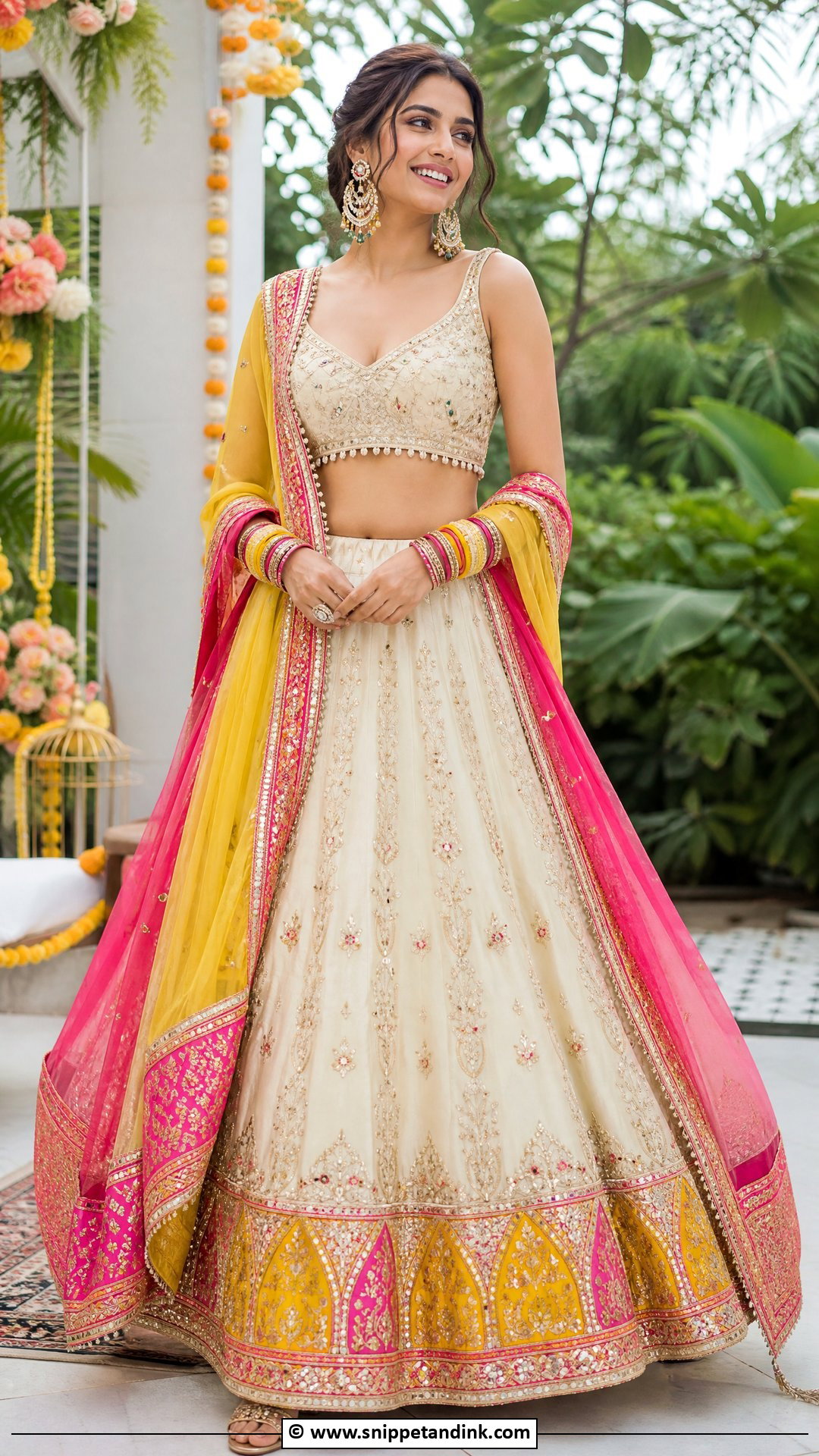 Ivory Mehndi Lehenga With Bright Border - Snippet and Ink - 35 Mehndi Dresses