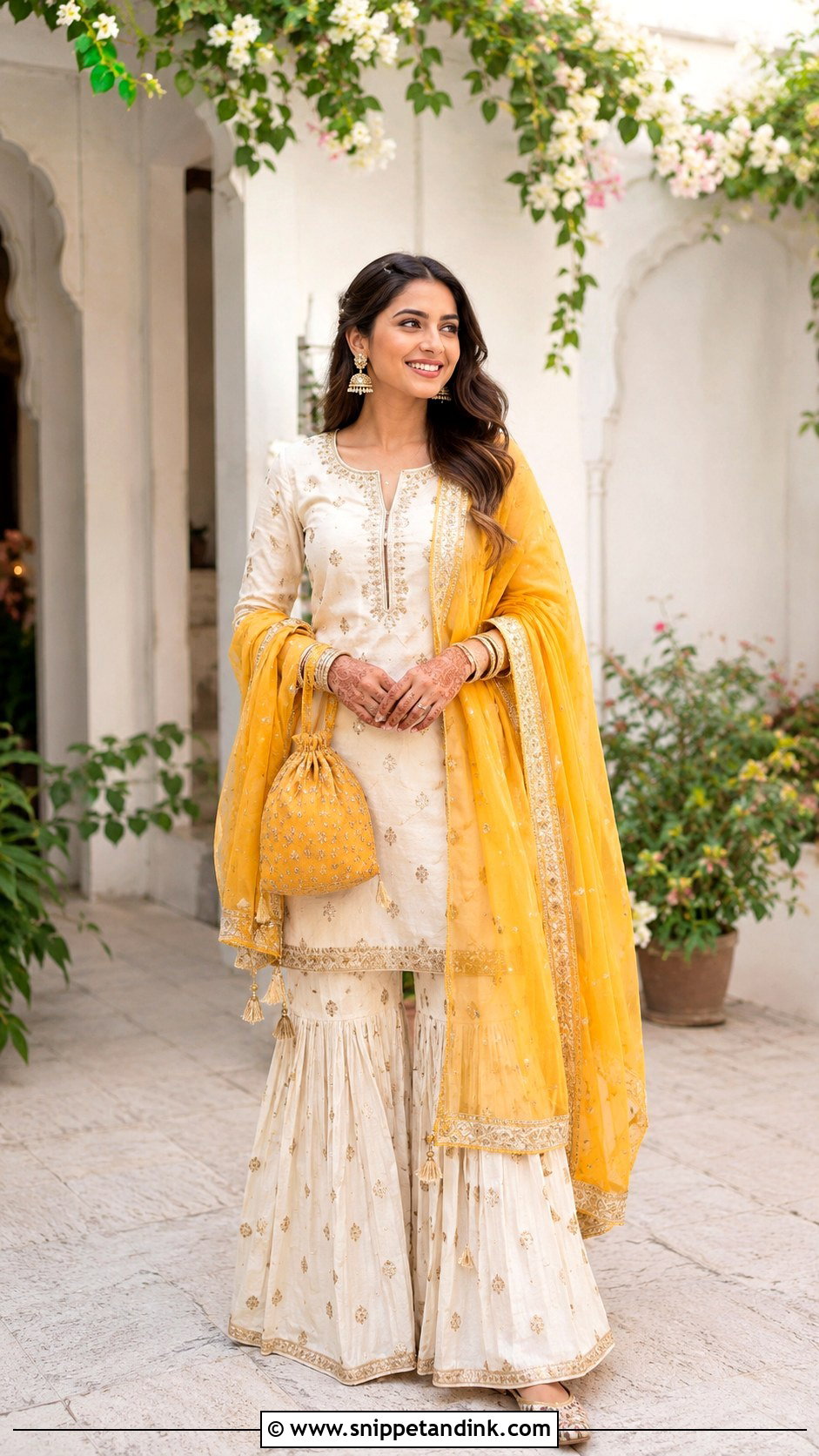 Ivory Mehndi Sharara With Yellow Dupatta - Snippet and Ink - 25 Mehndi Sharara Outfit Ideas