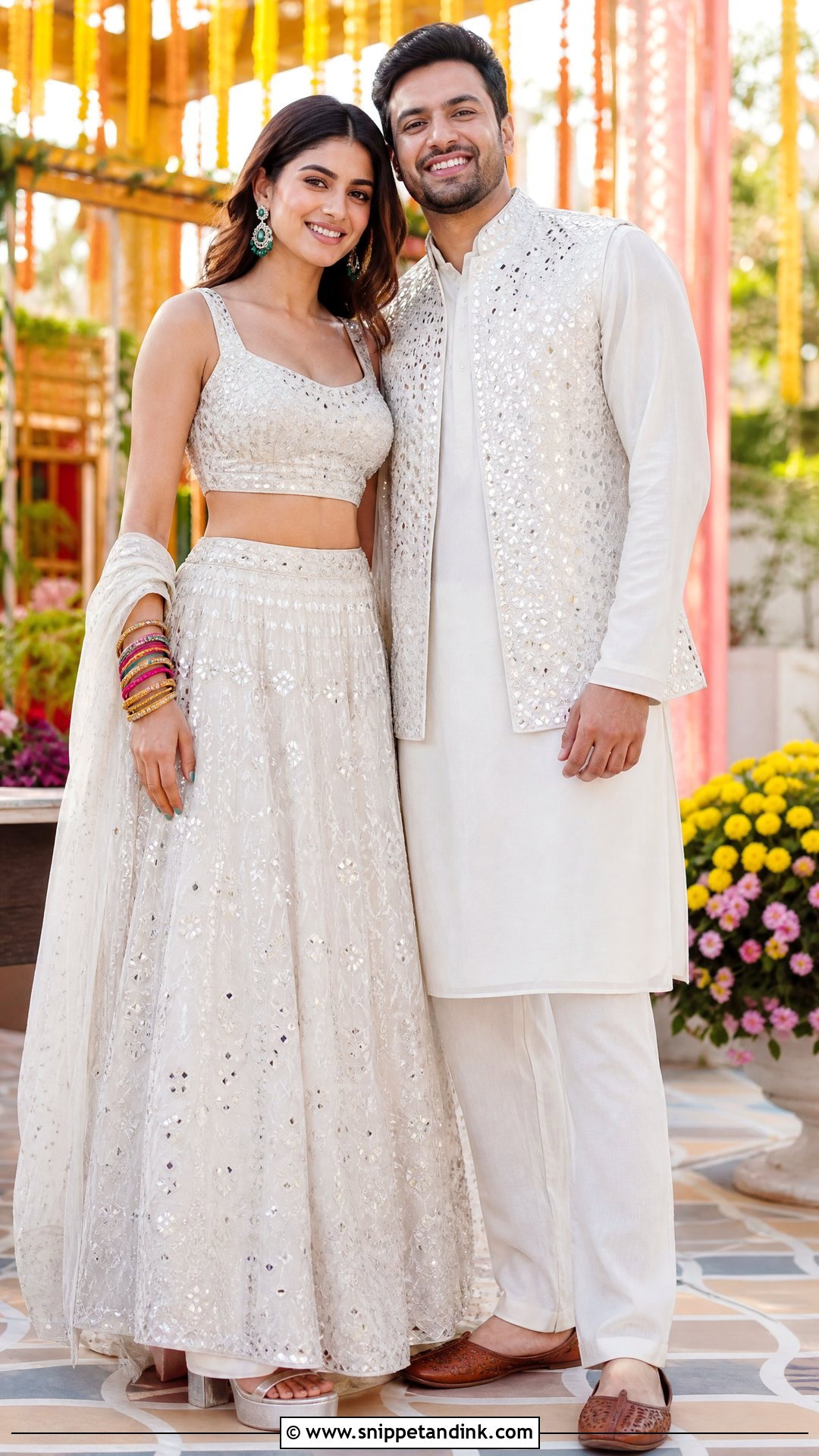 Ivory Mirror Work Lehenga And Kurta Sangeet Couple Outfit - Snippet and Ink - 20 Sangeet Outfit for Couple Ideas