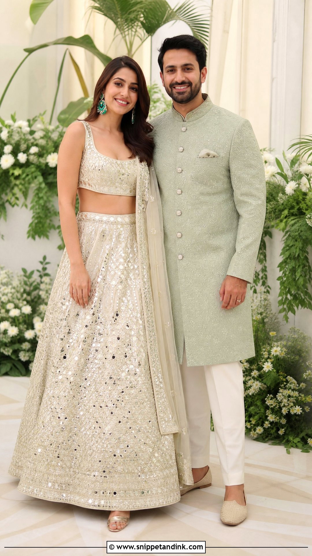 Ivory Mirror Work Lehenga And Sage Sherwani Sangeet Couple Outfit - Snippet and Ink - 25 Sangeet Couple Outfits