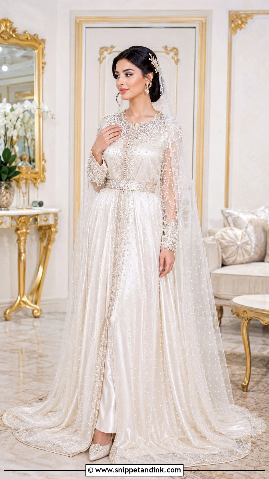 Ivory Moroccan Bride Kaftan With Pearls - Snippet and Ink - 20 Moroccan Bride Dress Ideas