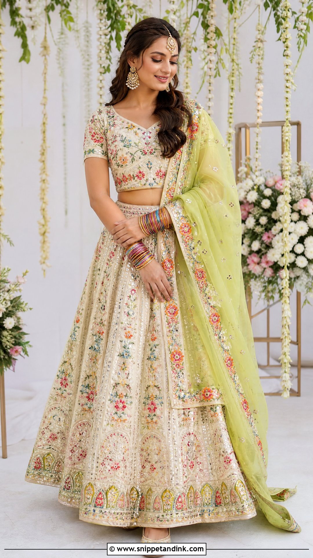 Ivory Multicolor Embroidered Mehndi Lehenga - Snippet and Ink - 20 Pakistani Bridal Mehndi Dress Ideas