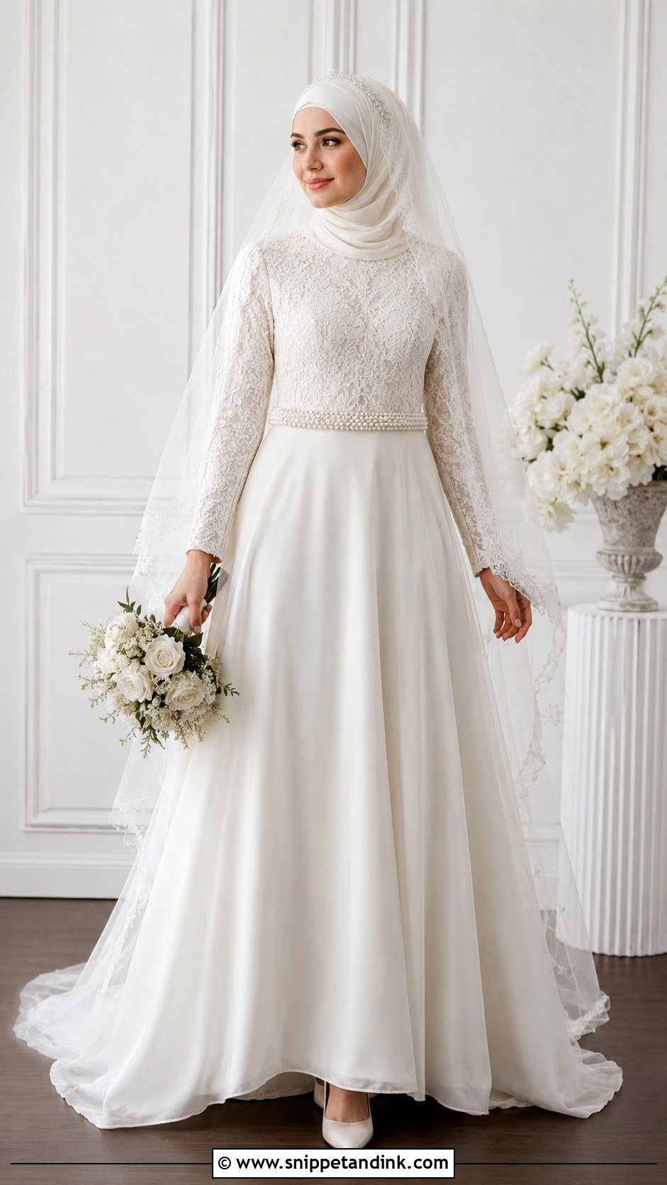 Ivory Muslim Bridal A Line Dress - Snippet and Ink - 30 Muslim Bridal Dress Ideas