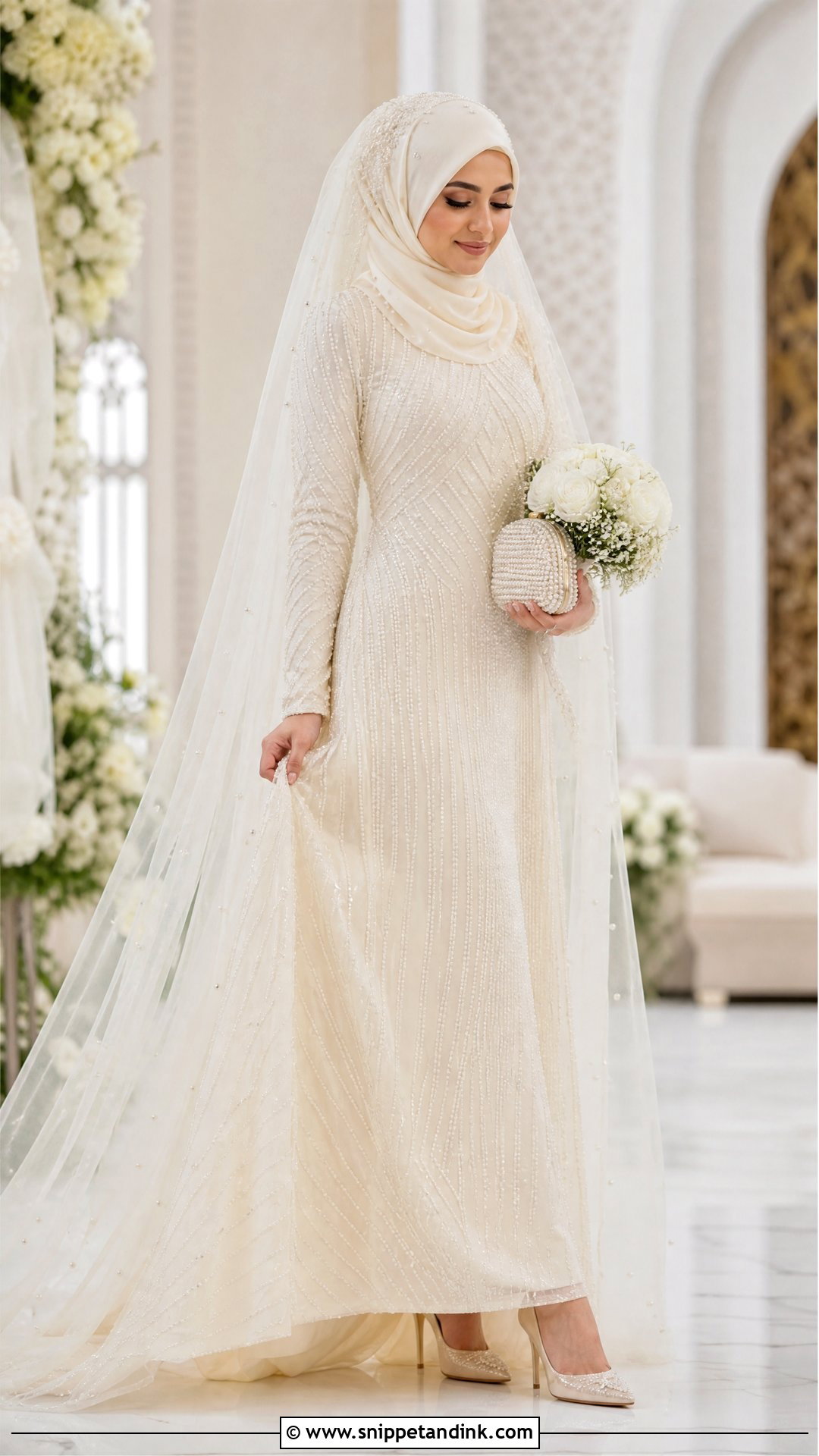 Ivory Muslim Wedding Dress With Pearl Hijab - Snippet and Ink - 25 Muslim Wedding Dress Hijab Bride Ideas
