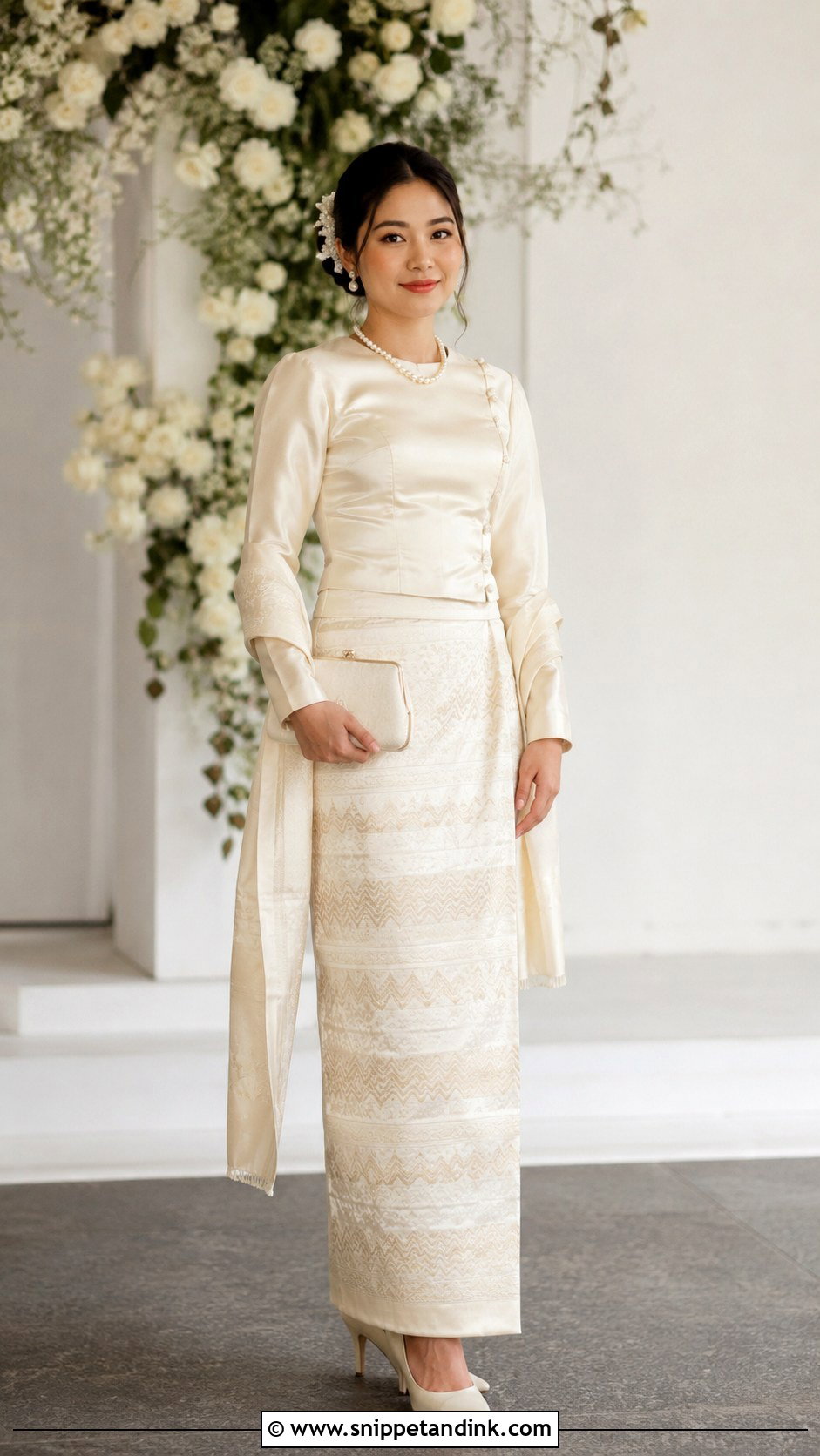 Ivory Myanmar Wedding Dress With Pearl Accessories - Snippet and Ink - 25 Myanmar Traditional Wedding Dress Ideas
