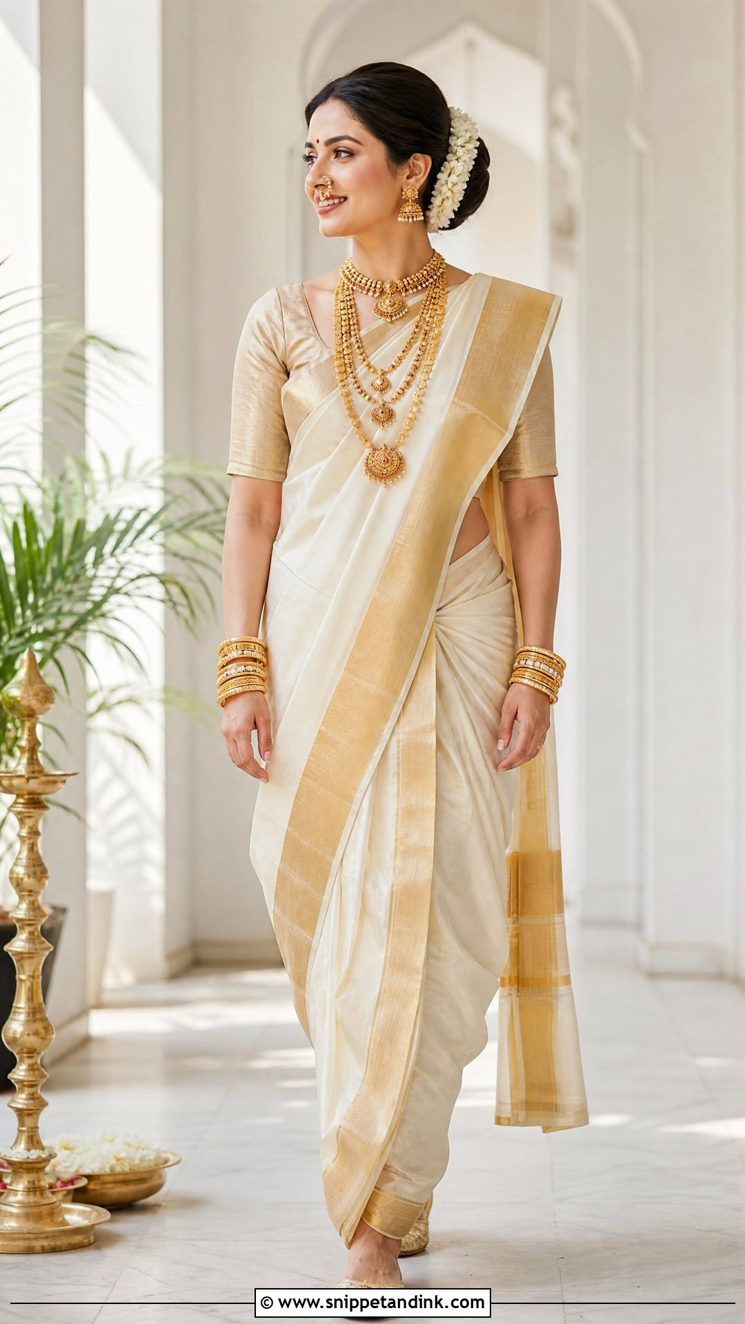 Ivory Nauwari Bride Look With Gold Jewelry - Snippet and Ink - 25 Nauwari Bride Look Ideas