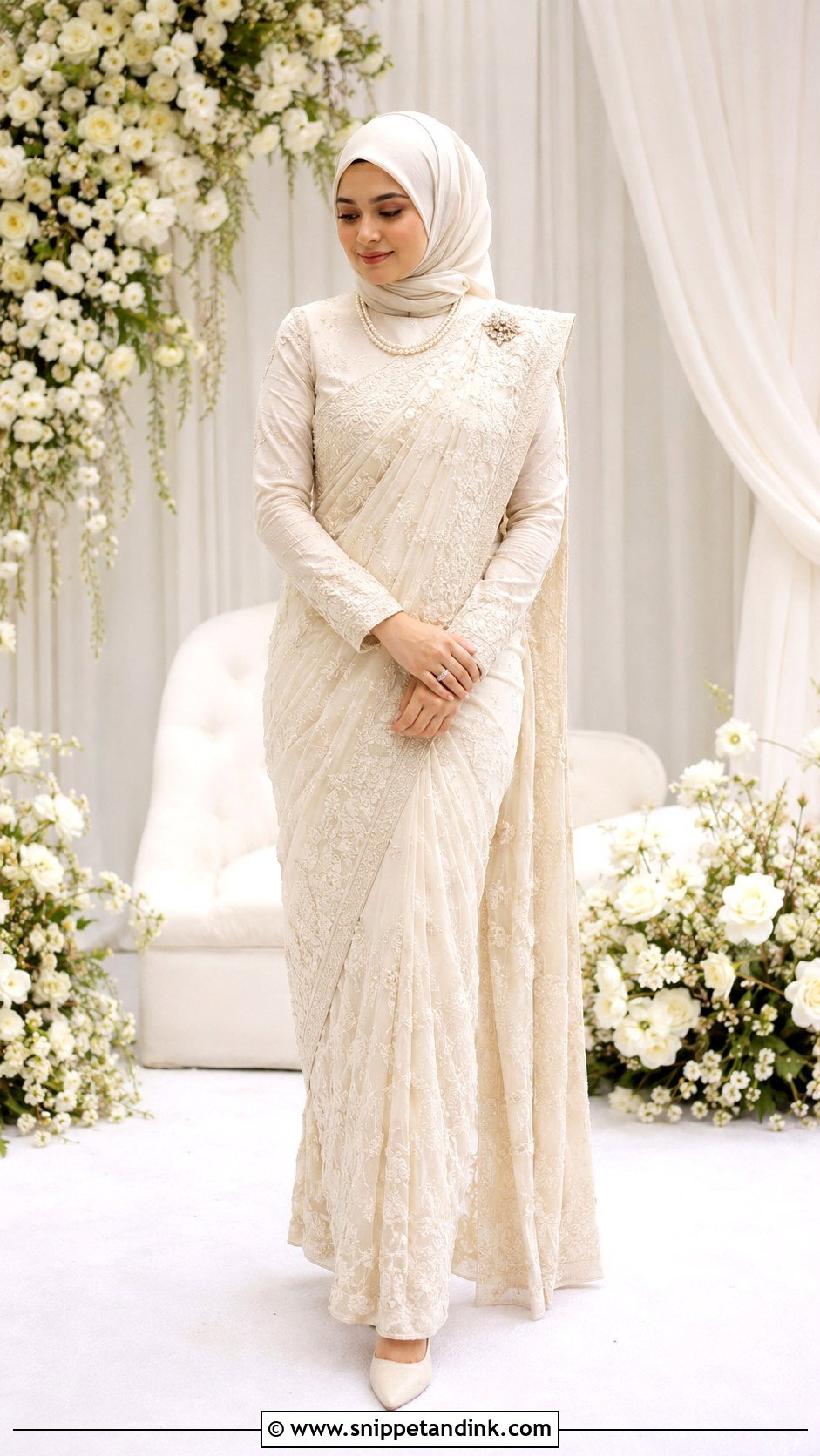 Ivory Nikah Saree With Hijab Outfit - Snippet and Ink - 25 Nikah Outfit Muslim Pakistani Bridal Ideas