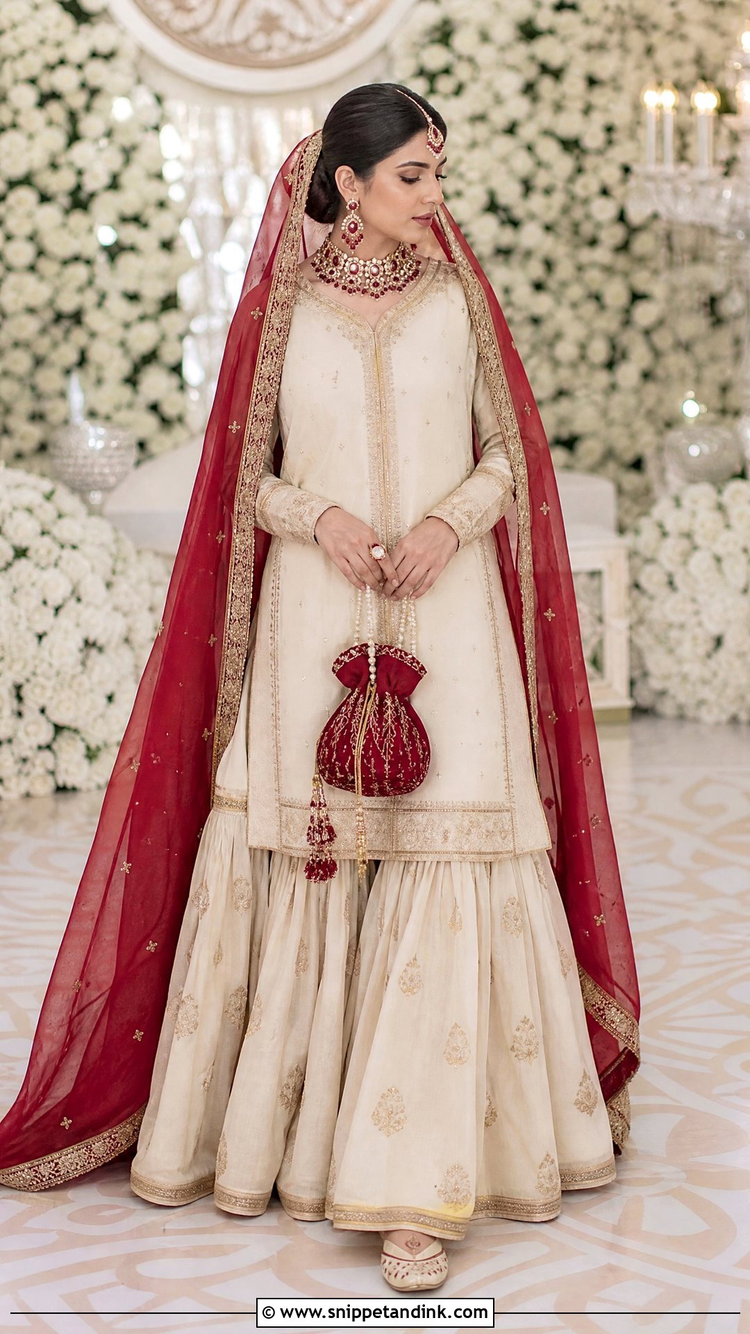 Ivory Nikkah Gharara With Red Dupatta - Snippet and Ink - 20 Nikkah Gharara Outfit Ideas