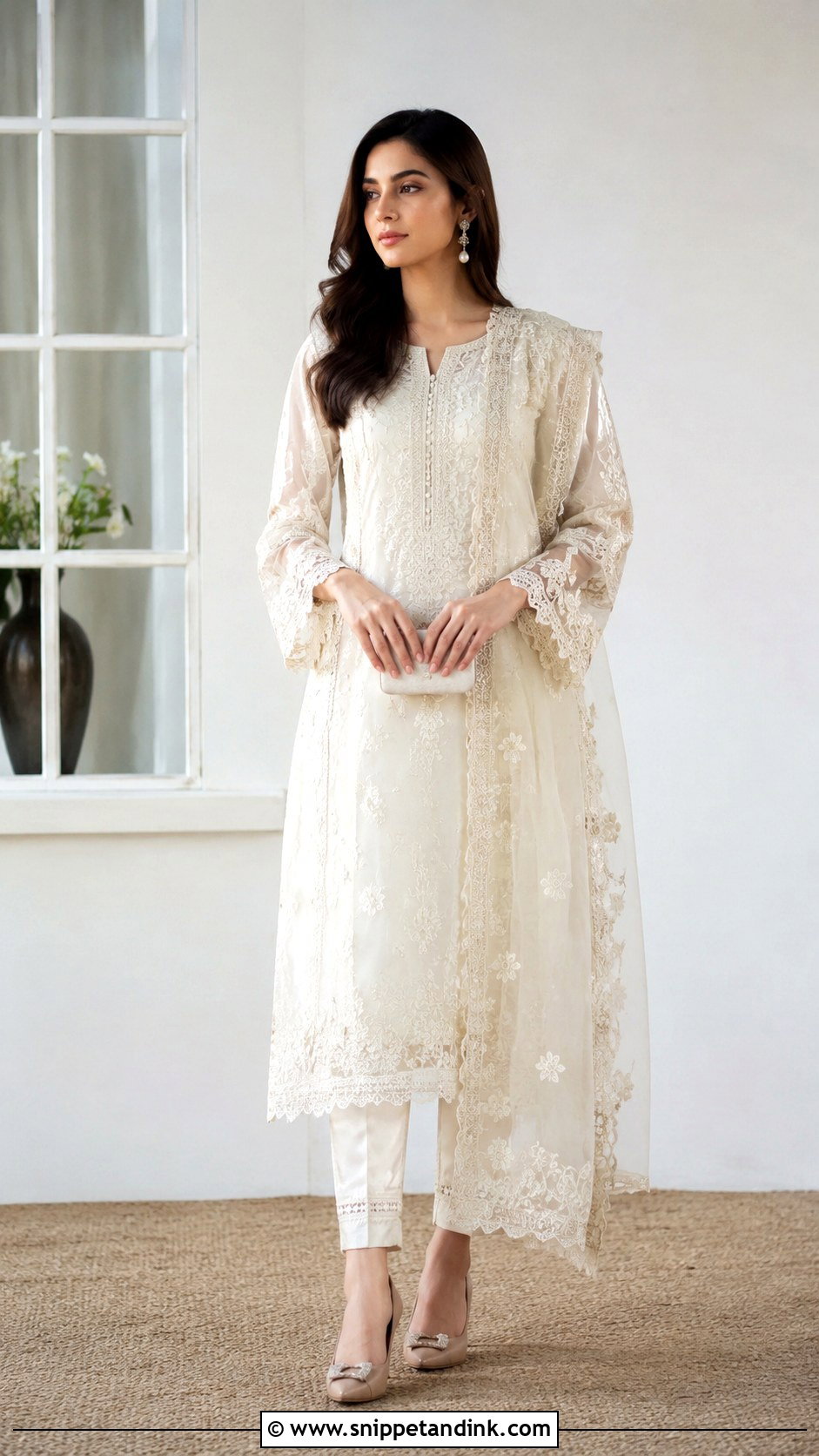 Ivory Nikkah Long Shirt Outfit - Snippet and Ink - 30 Pakistani Wedding Outfits Sisters