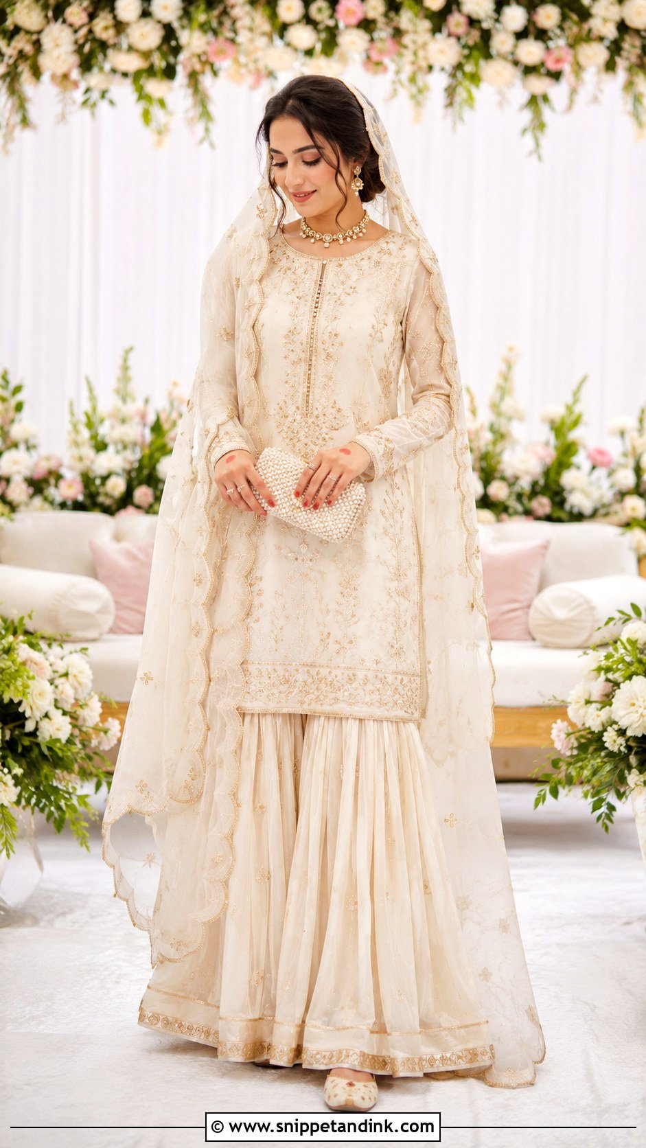 Ivory Nikkah Sharara With Gold Embroidery - Snippet and Ink - 20 Pakistani Sharara Designs for Wedding