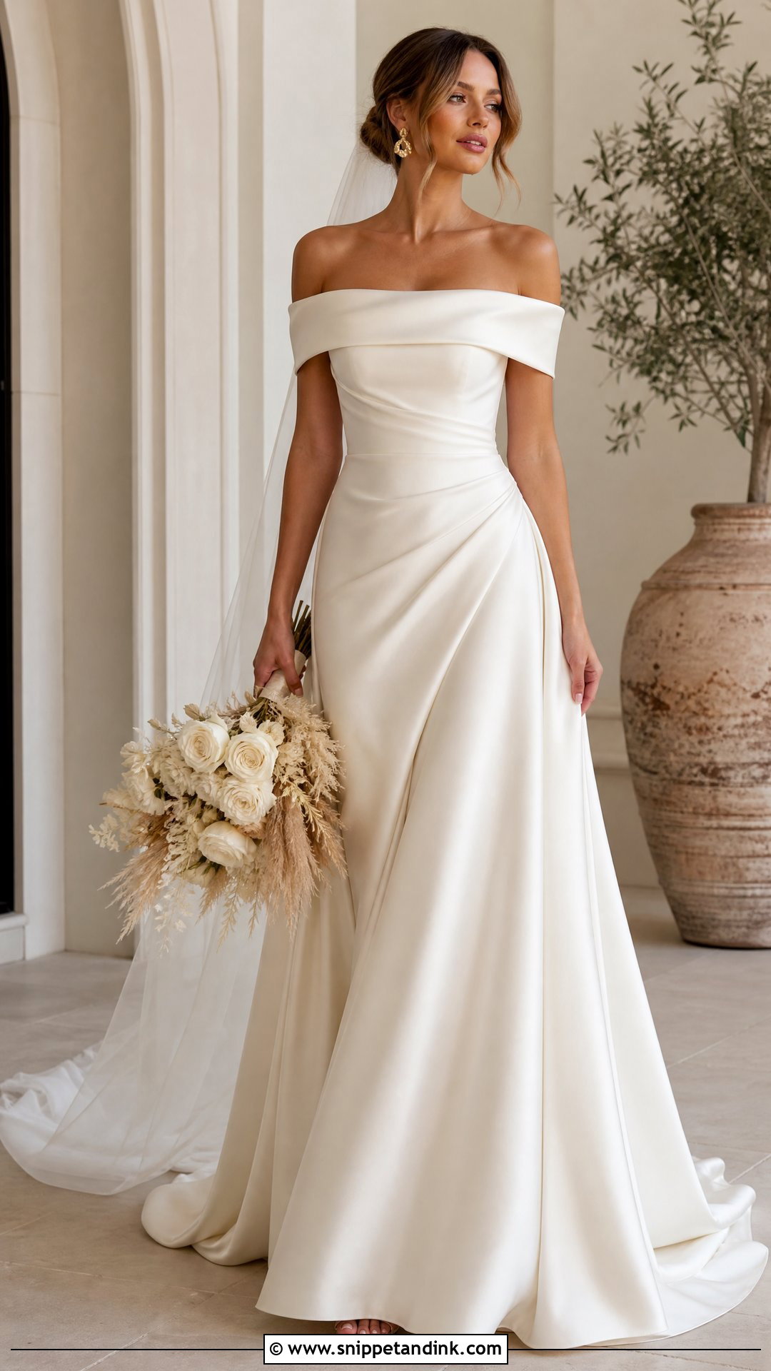 Ivory Off Shoulder Satin Soft Autumn Wedding Dress - Snippet and Ink - 20 Soft Autumn Wedding Dress Ideas