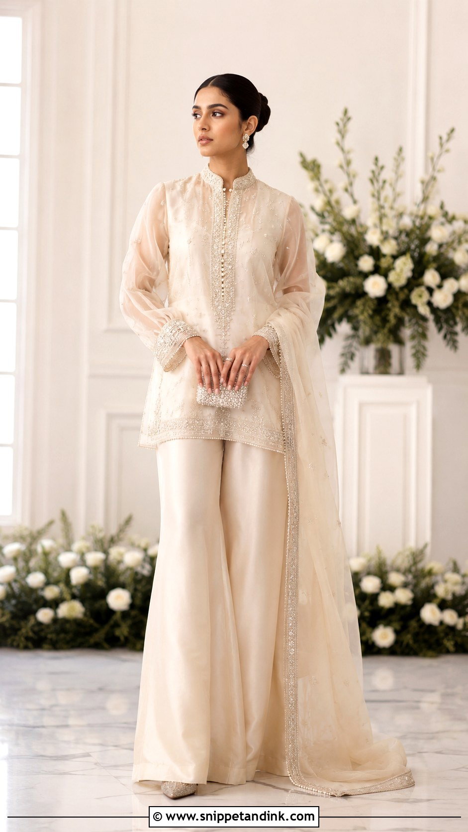 Ivory Organza Long Shirt Palazzo Wedding Outfit - Snippet and Ink - 20 Long Shirt with Plazo Wedding Dress Ideas