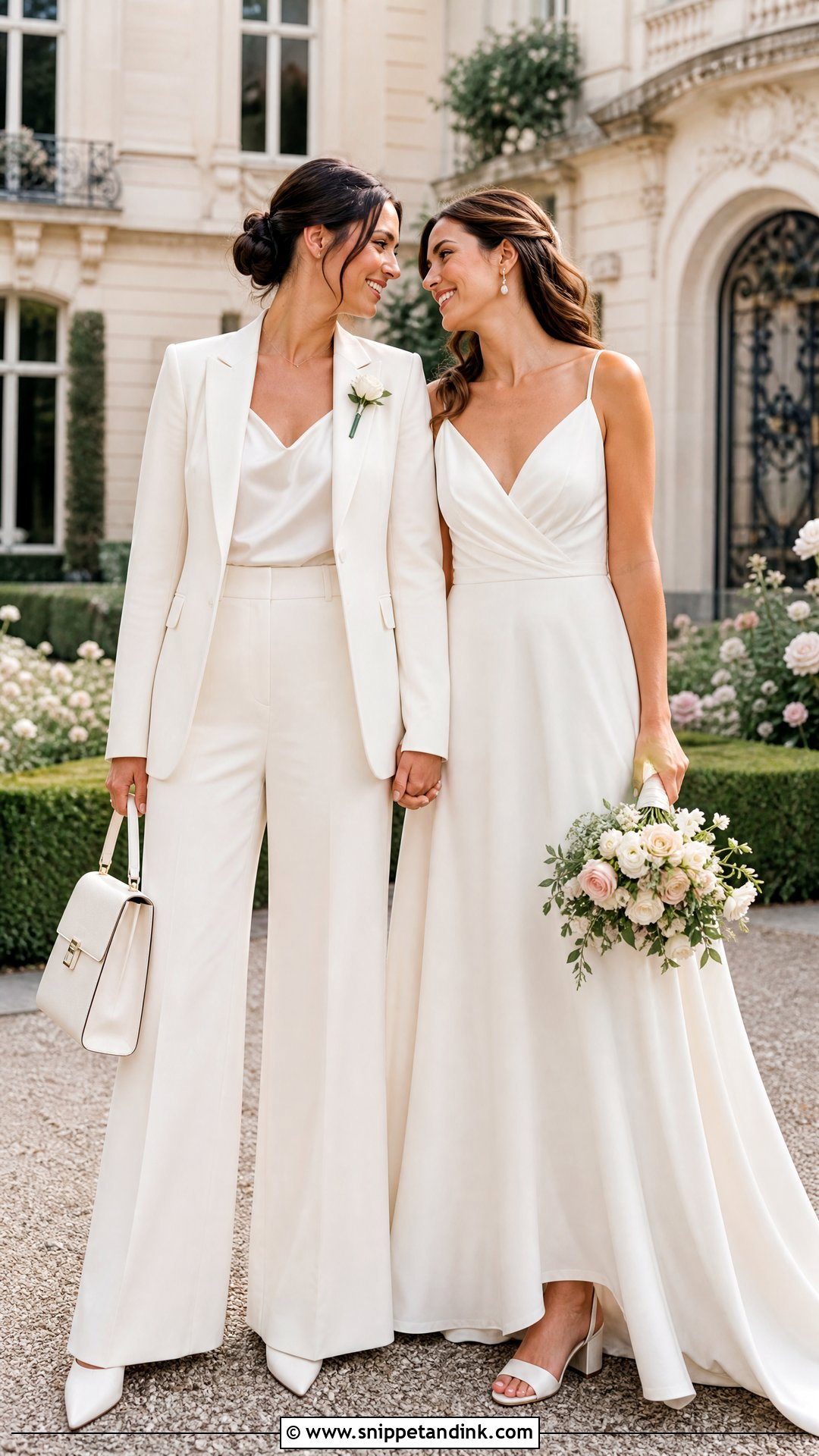 Ivory Pantsuit And A Line Wedding Dress - Snippet and Ink - 20 WLW Wedding Suit and Dress Ideas