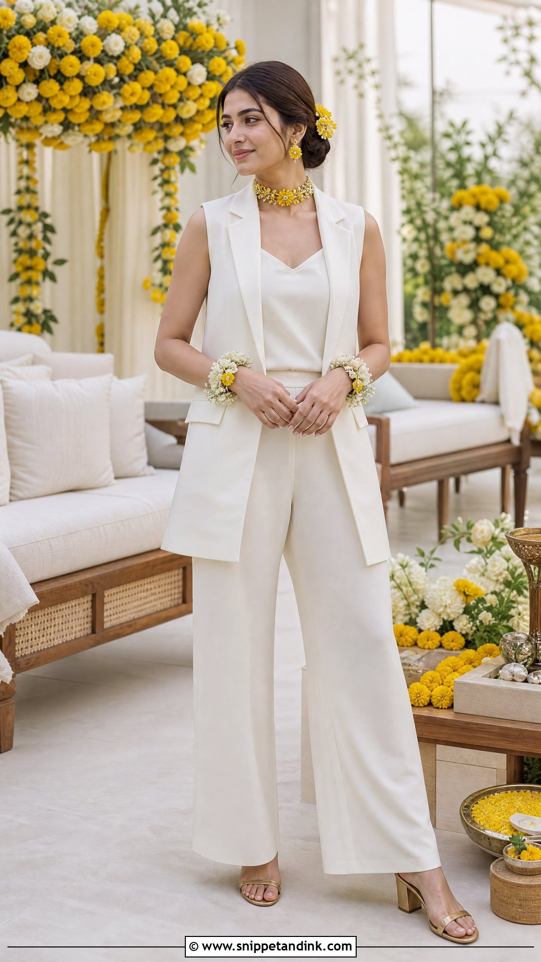 Ivory Pantsuit With Yellow Floral Jewelry - Snippet and Ink - 20 Western Pithi Outfit Brides Ideas